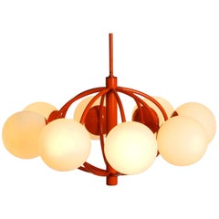 Orange "Kaiser" Metal Ceiling Lamp with Eight Opal Glass Balls Space Age Atomic