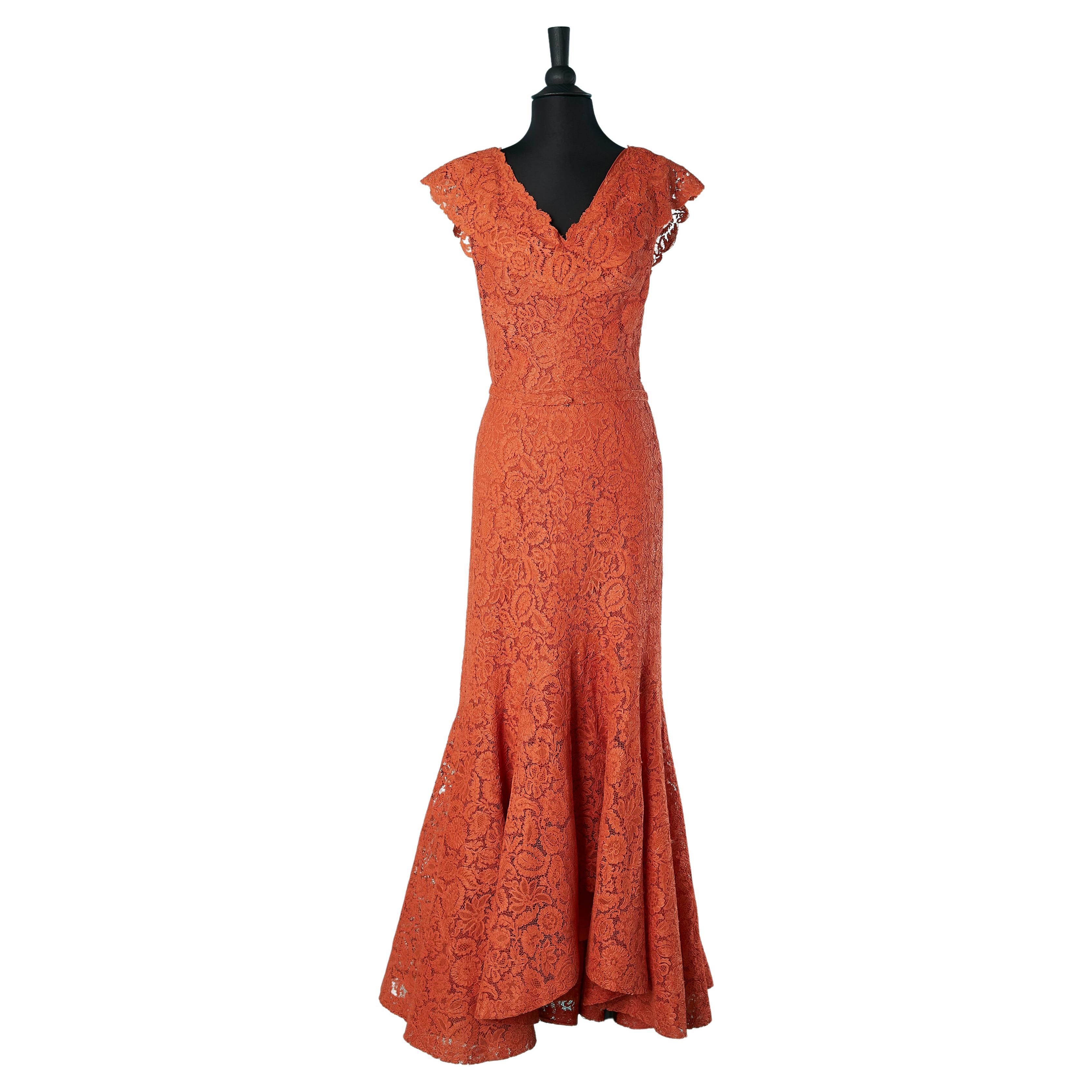 Orange lace evening dress mermaid gown Ballet INC Circa 1950's  For Sale