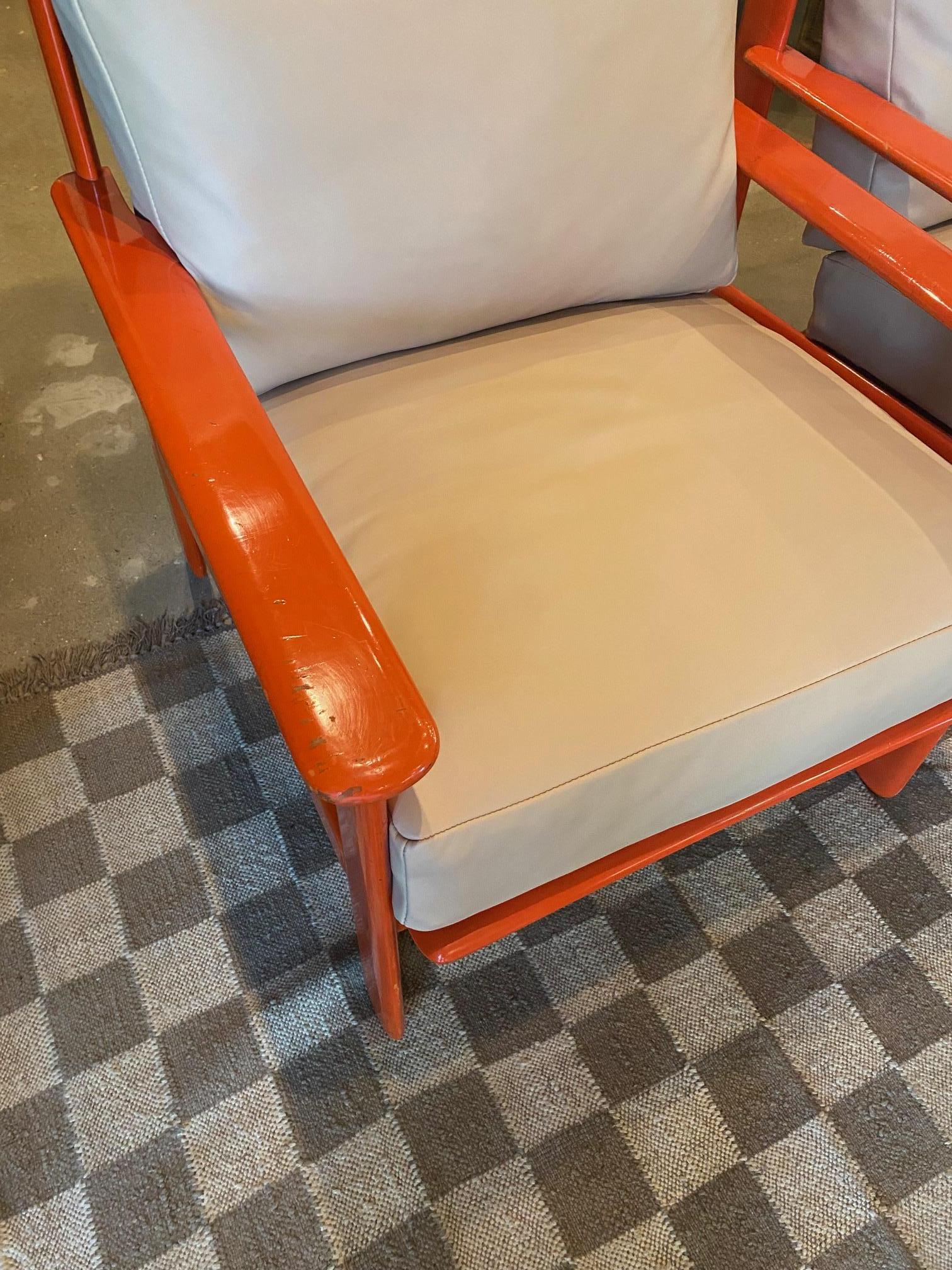 Mid-Century Modern Orange Lacquer and Buff Leather Armchairs, Scandinavia, 1970's For Sale