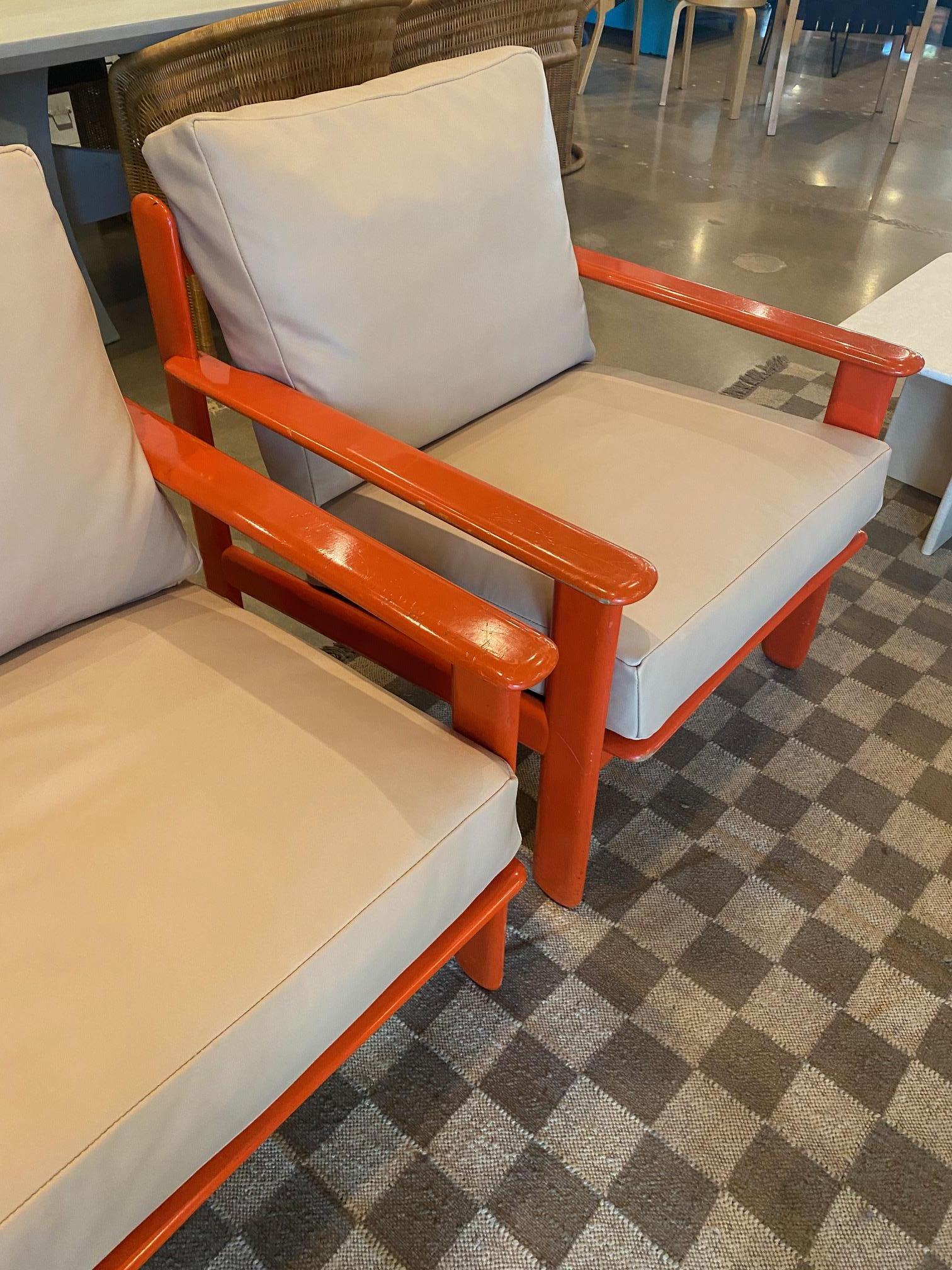 Scandinavian Orange Lacquer and Buff Leather Armchairs, Scandinavia, 1970's For Sale