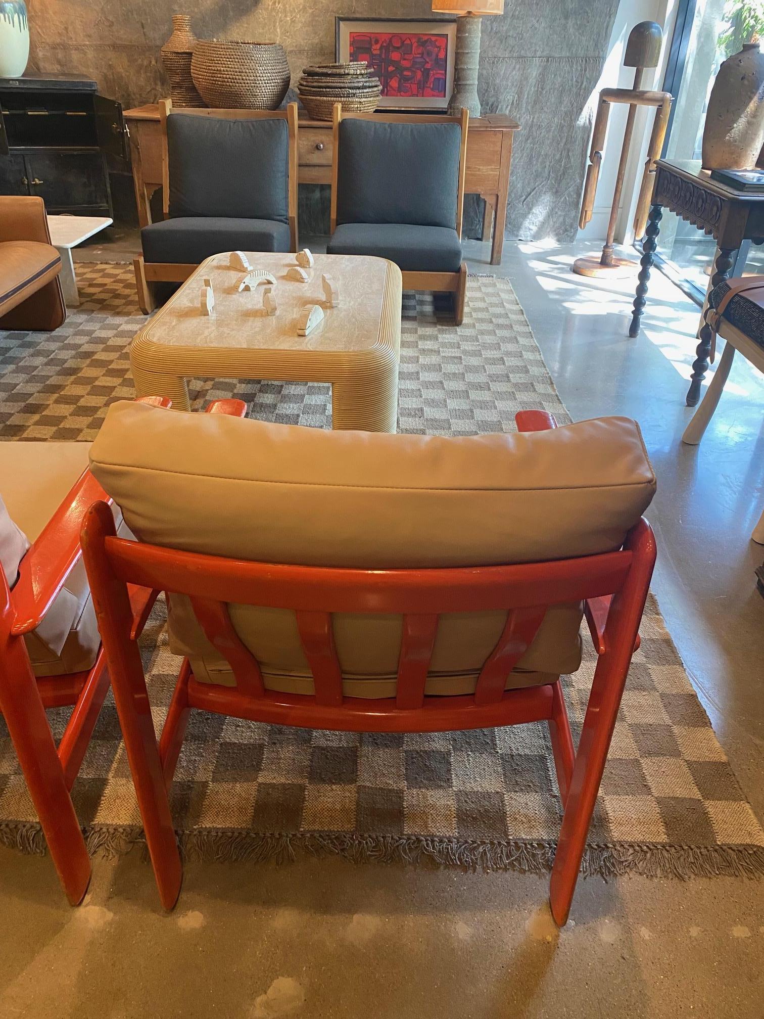 Lacquered Orange Lacquer and Buff Leather Armchairs, Scandinavia, 1970's For Sale