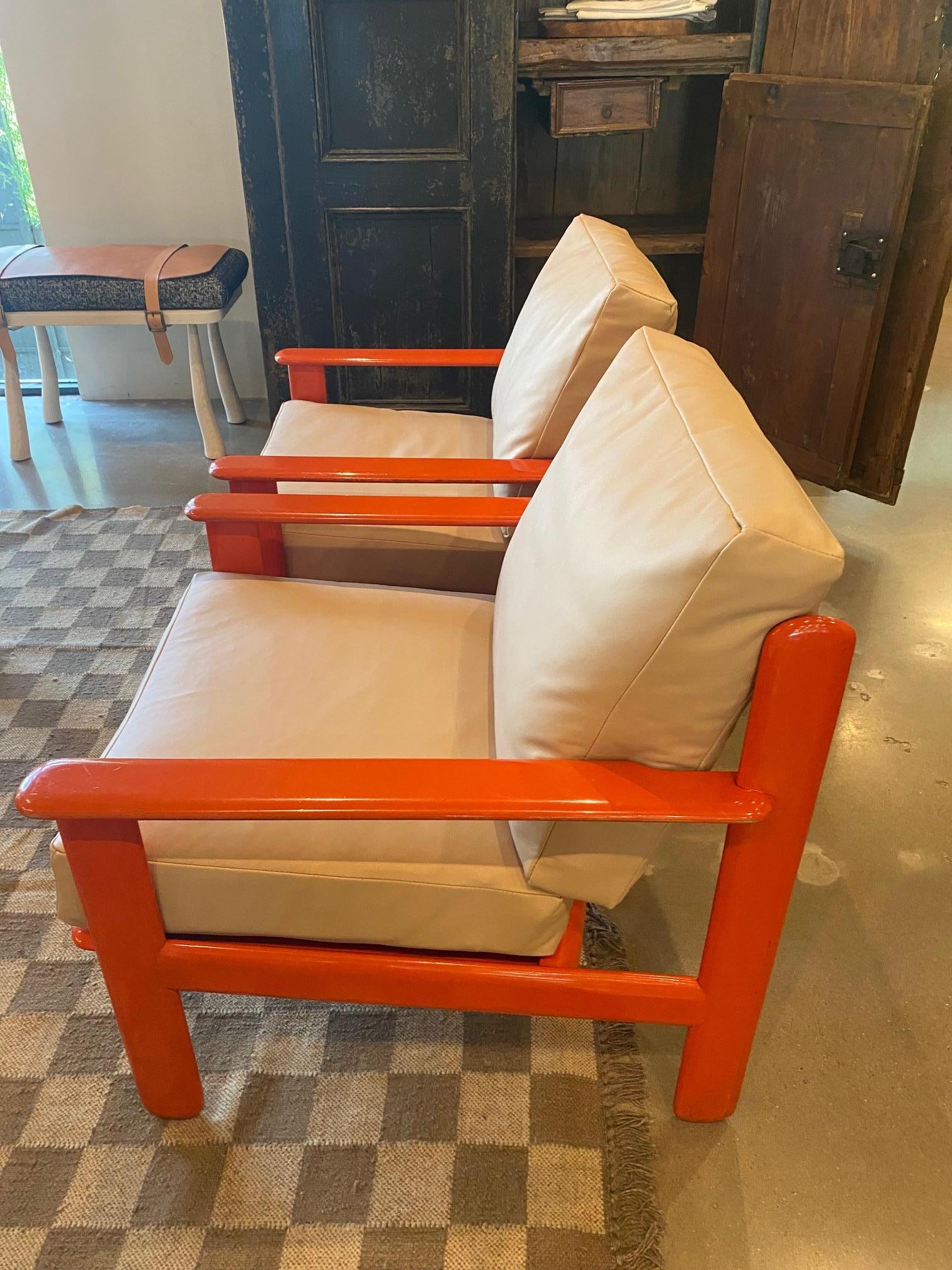 Orange Lacquer and Buff Leather Armchairs, Scandinavia, 1970's In Good Condition For Sale In Austin, TX