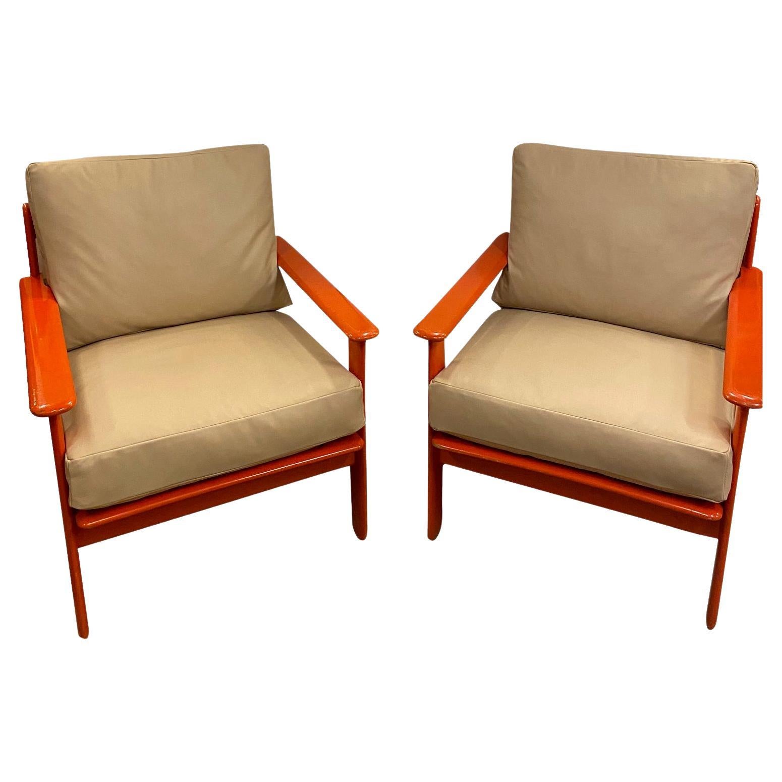 Orange Lacquer and Buff Leather Armchairs, Scandinavia, 1970's