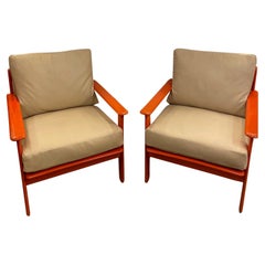 Orange Lacquer and Buff Leather Armchairs, Scandinavia, 1970's