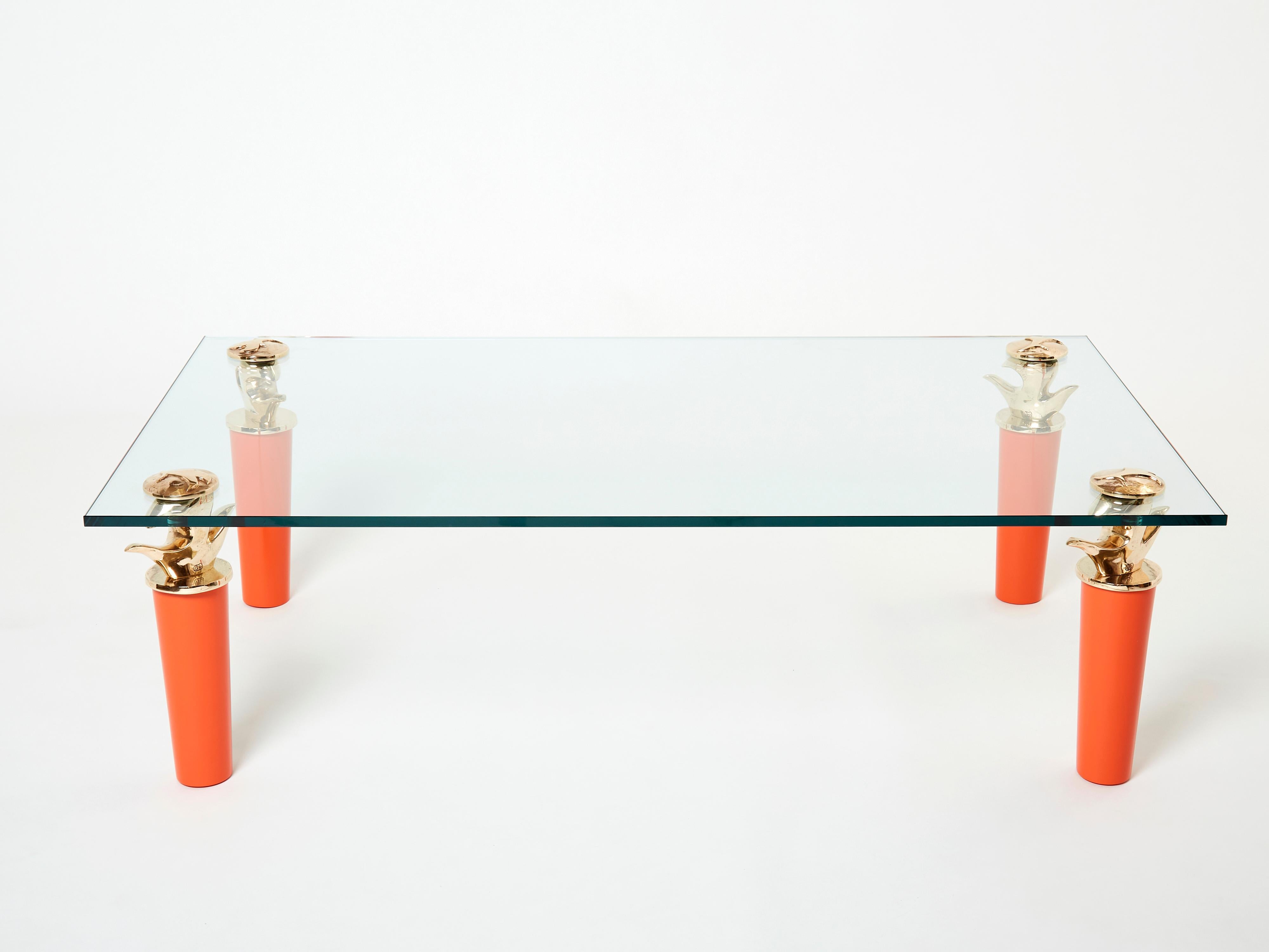 Orange Lacquered and Bronze Glass Coffee Table by Garouste & Bonetti 1995 For Sale 4