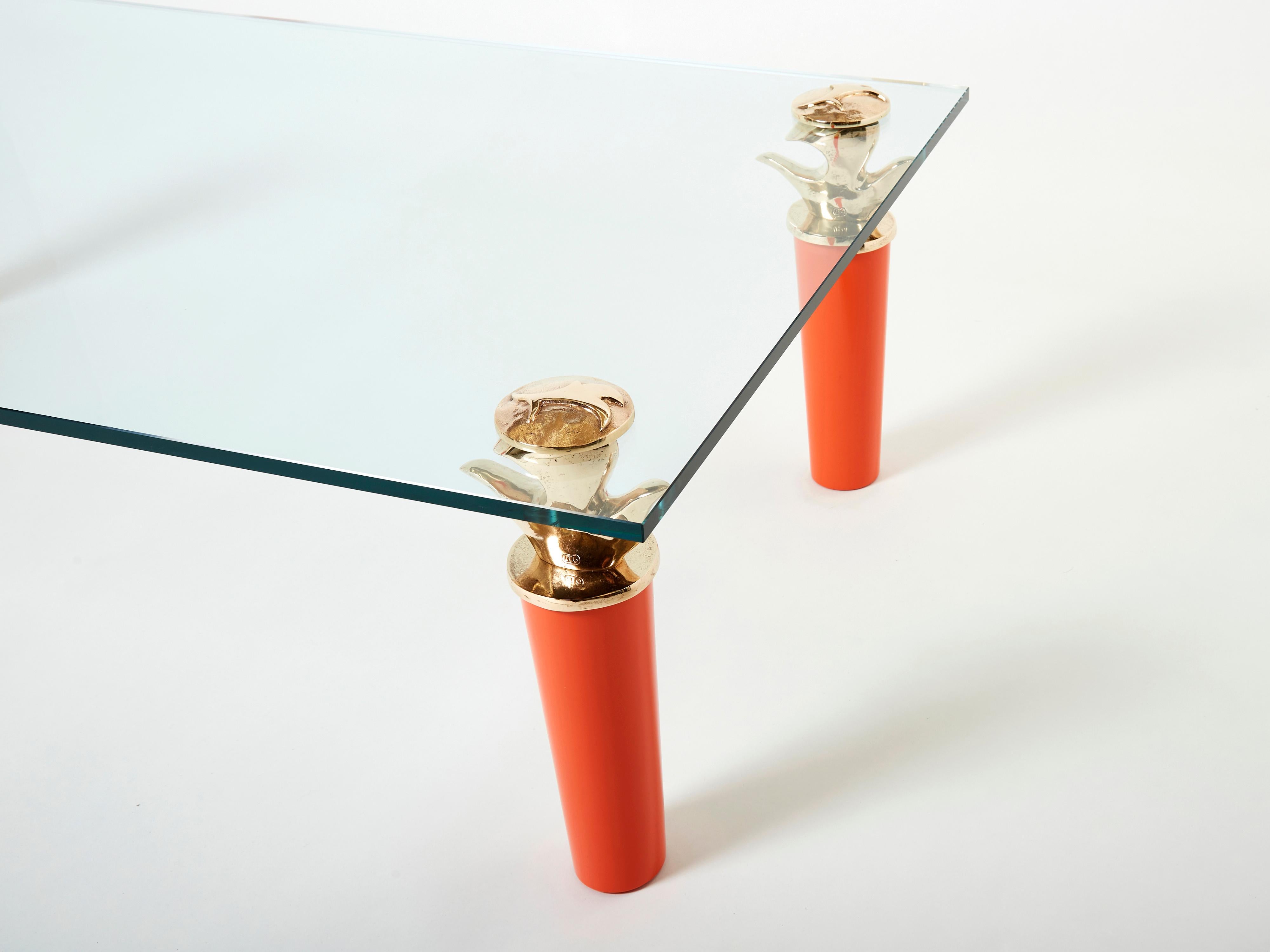 Orange Lacquered and Bronze Glass Coffee Table by Garouste & Bonetti 1995 For Sale 6