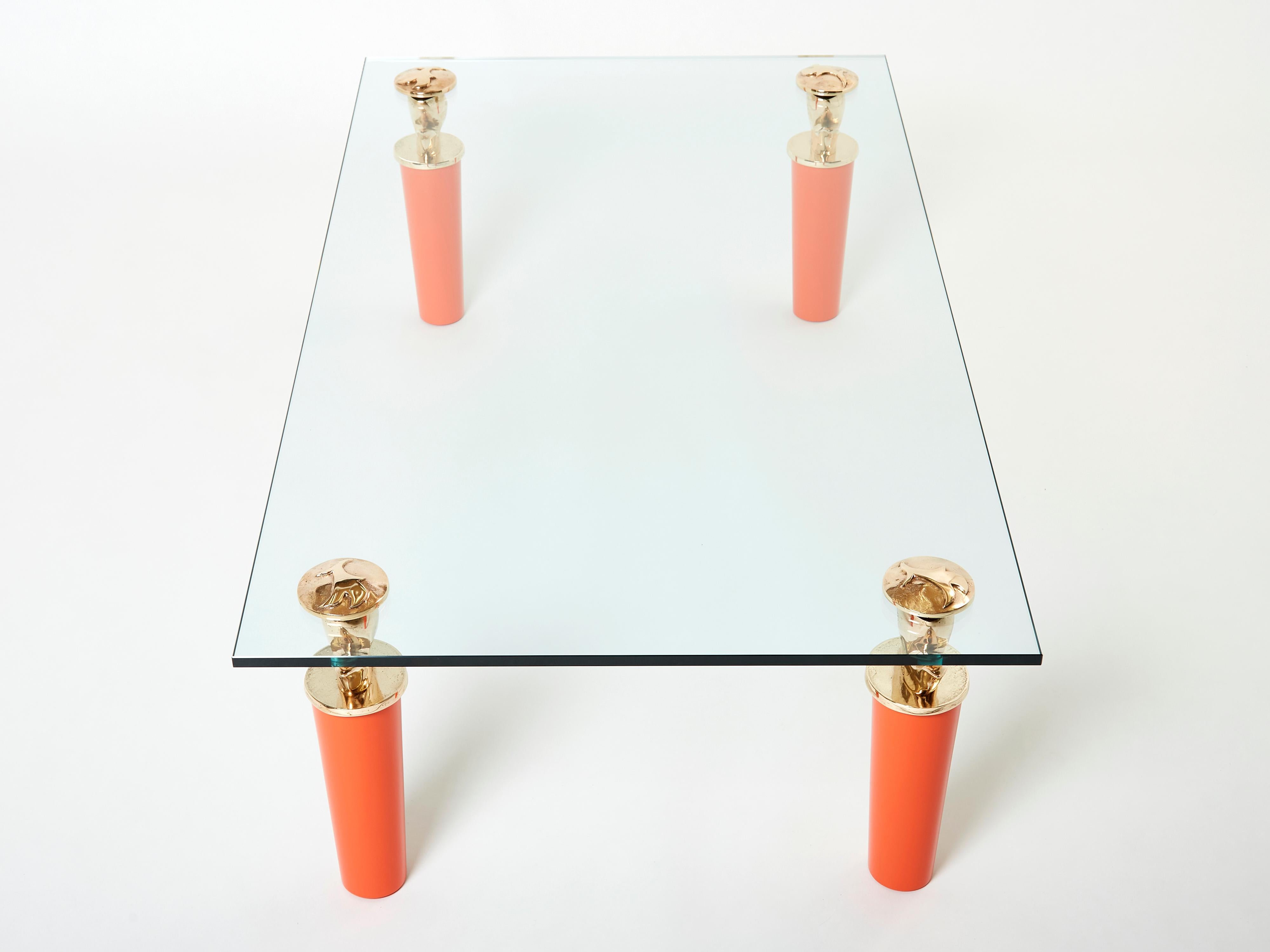 Orange Lacquered and Bronze Glass Coffee Table by Garouste & Bonetti 1995 For Sale 7