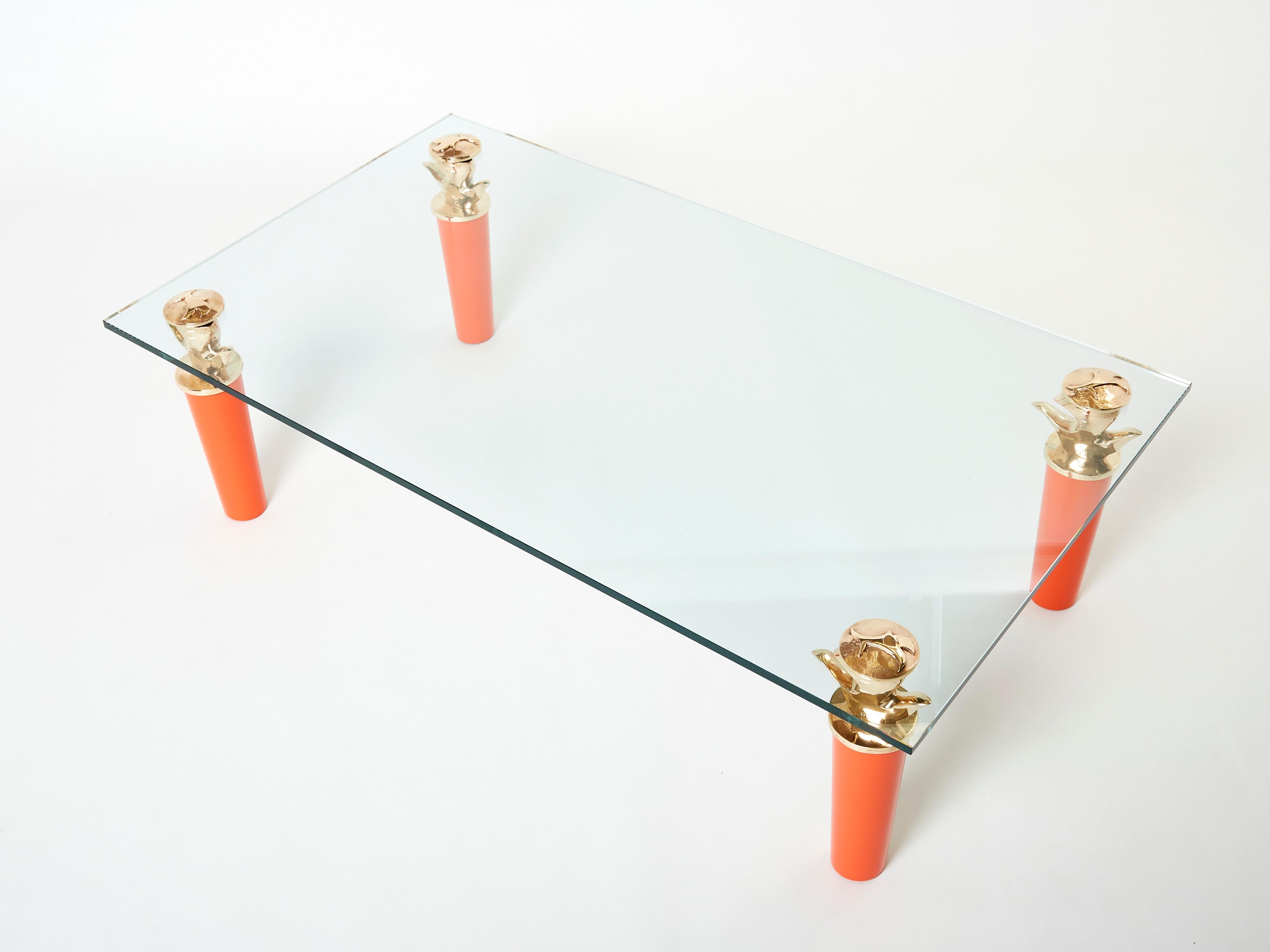 Modern Orange Lacquered and Bronze Glass Coffee Table by Garouste & Bonetti 1995 For Sale
