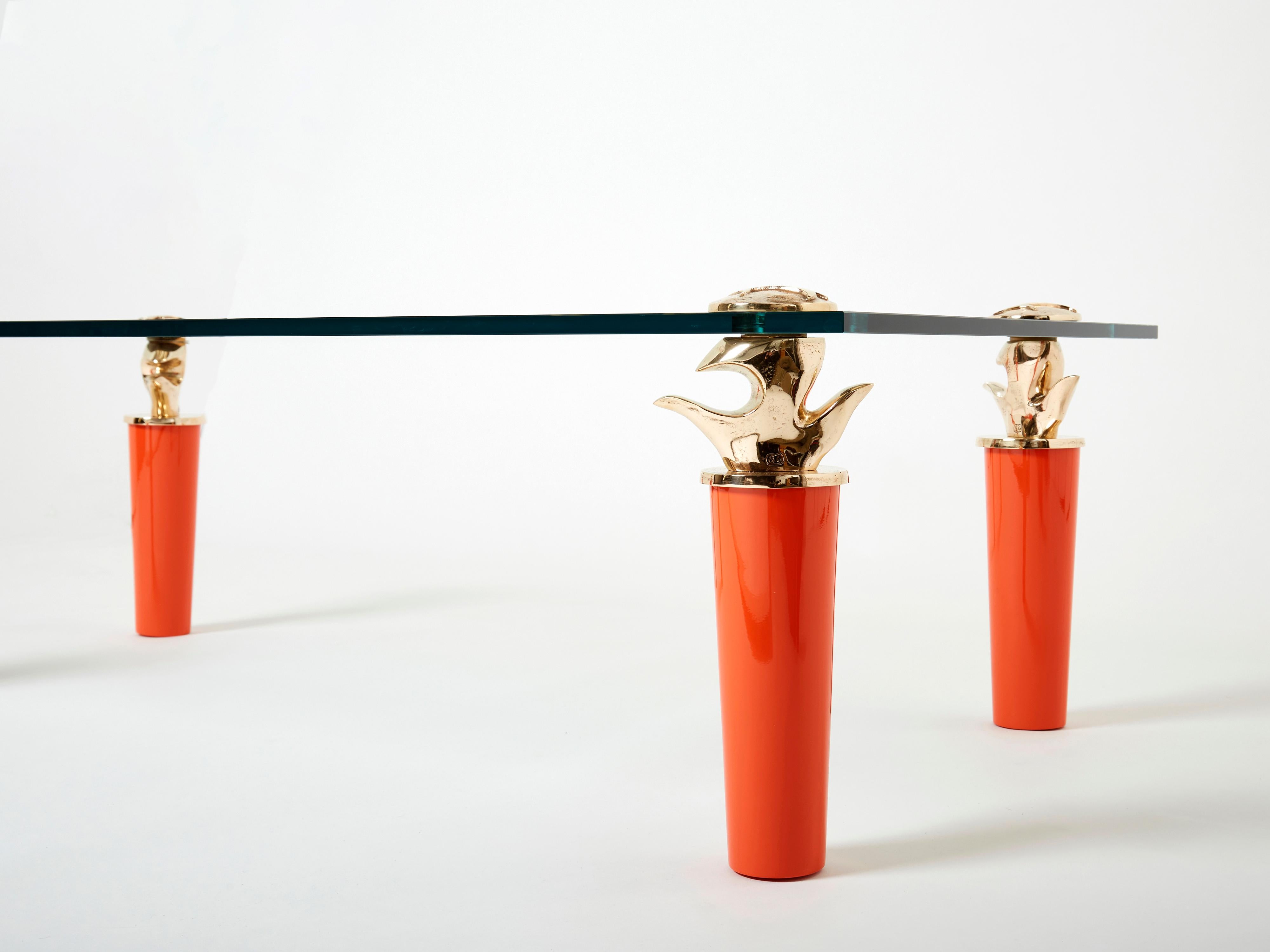 French Orange Lacquered and Bronze Glass Coffee Table by Garouste & Bonetti 1995 For Sale