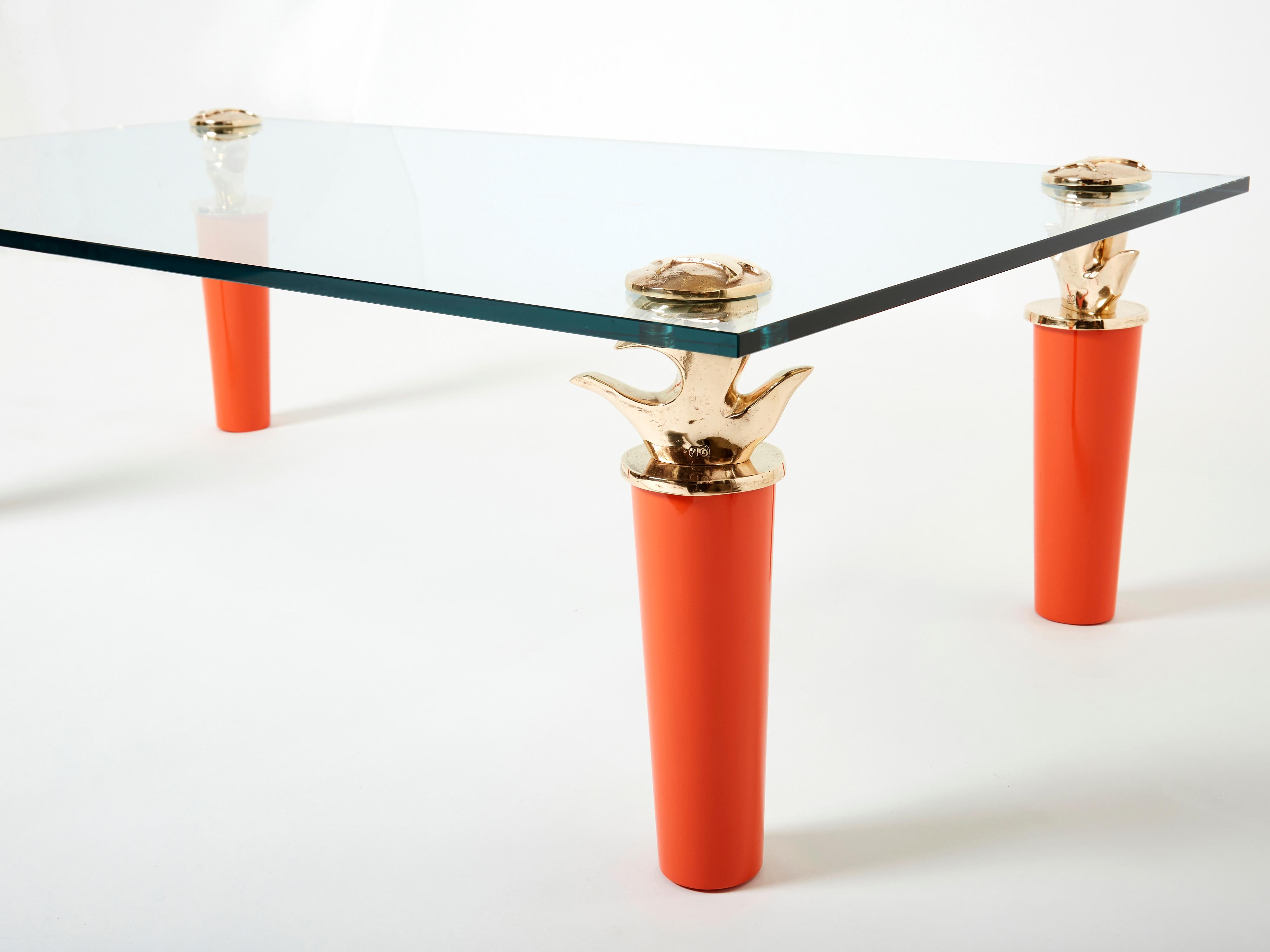 Orange Lacquered and Bronze Glass Coffee Table by Garouste & Bonetti 1995 In Good Condition For Sale In Paris, IDF