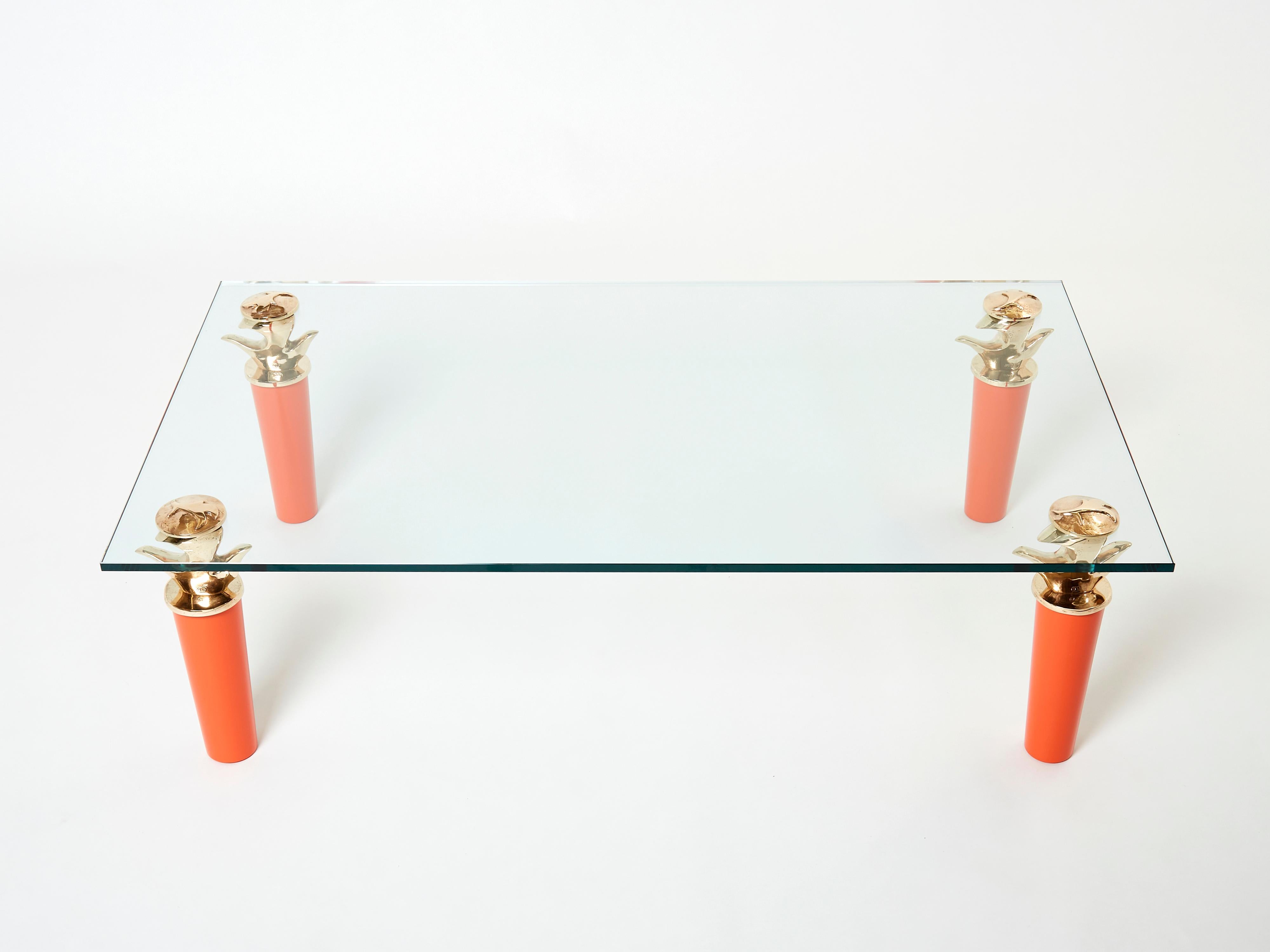 Late 20th Century Orange Lacquered and Bronze Glass Coffee Table by Garouste & Bonetti 1995 For Sale