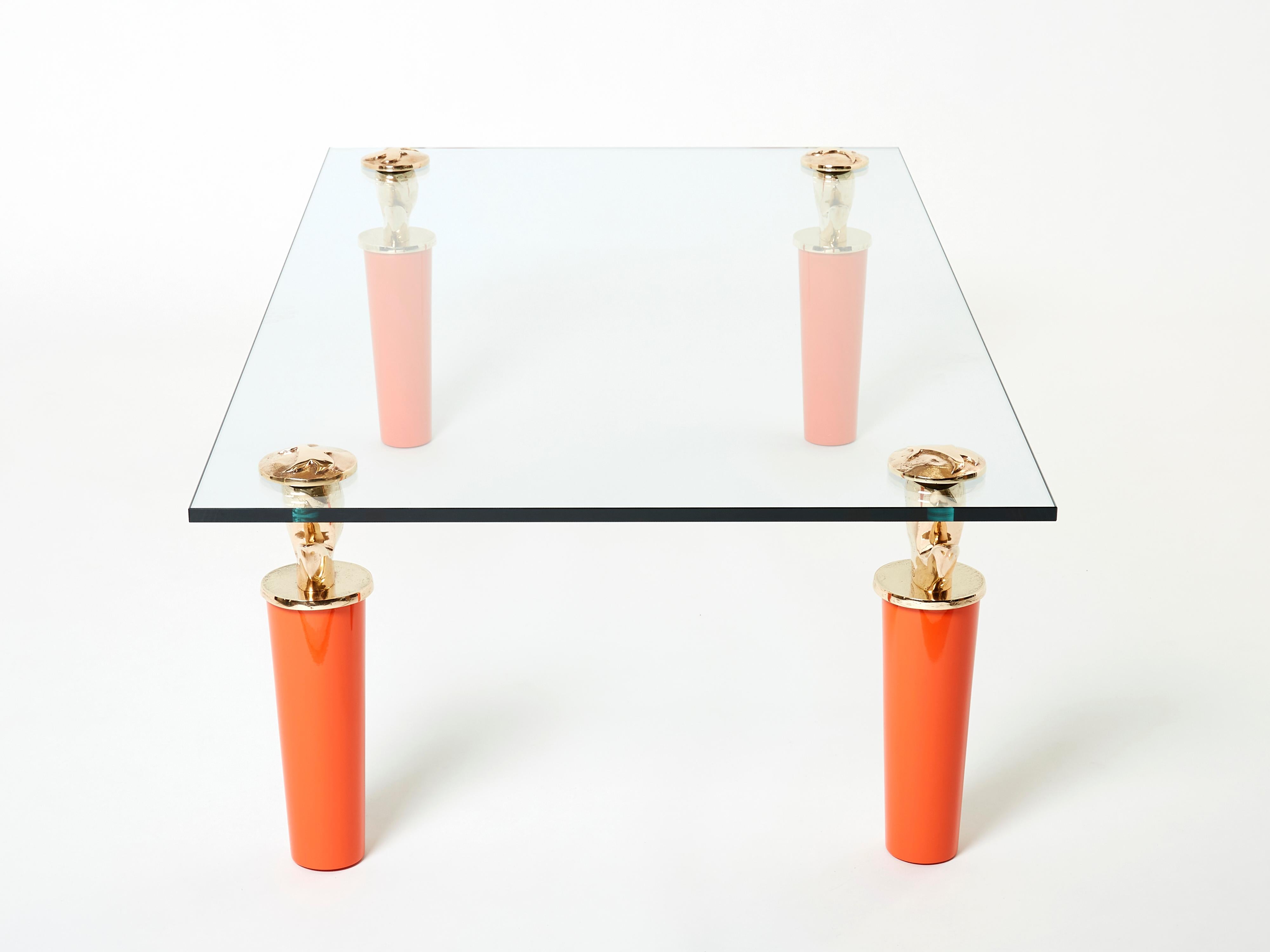 Orange Lacquered and Bronze Glass Coffee Table by Garouste & Bonetti 1995 For Sale 2