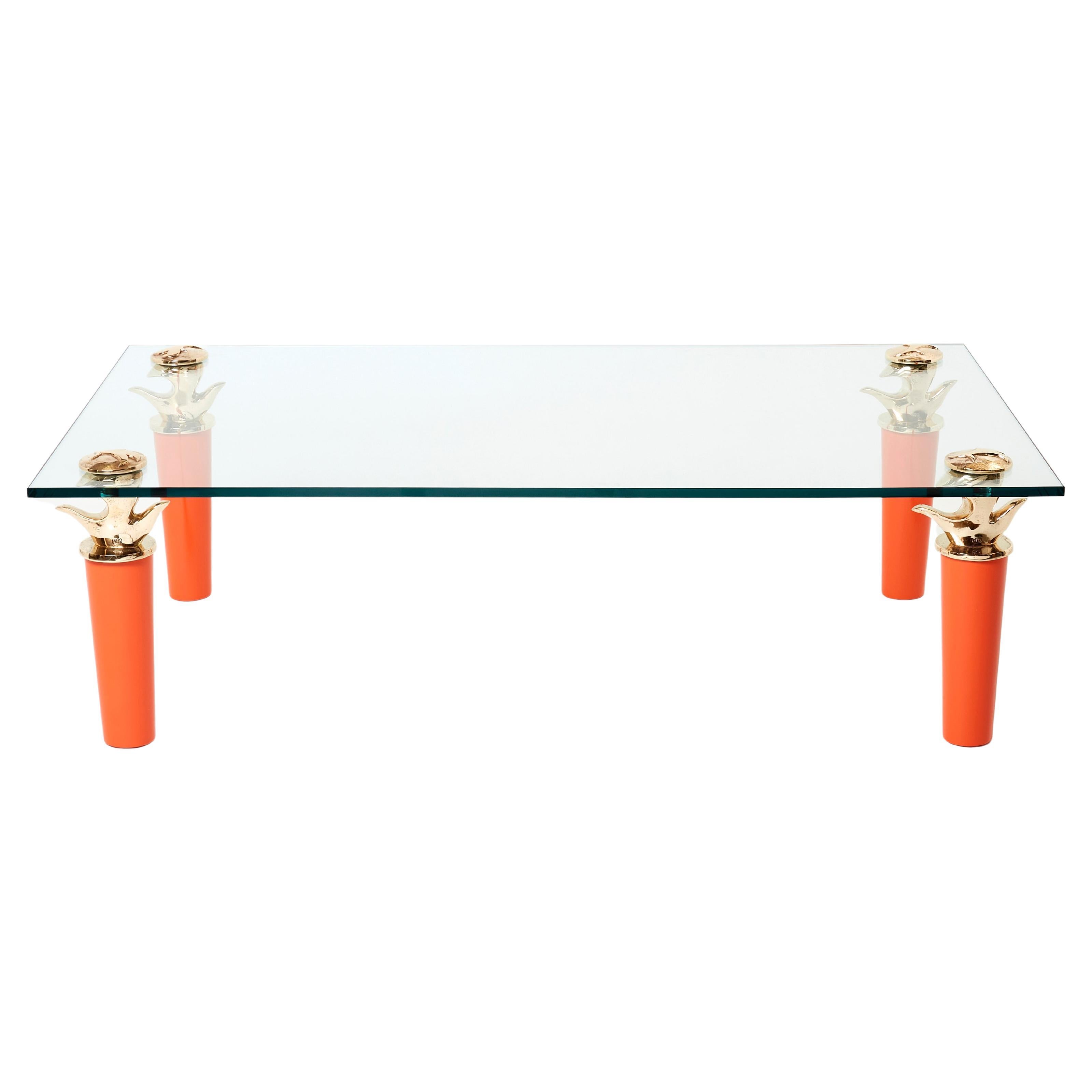 Orange Lacquered and Bronze Glass Coffee Table by Garouste & Bonetti 1995 For Sale