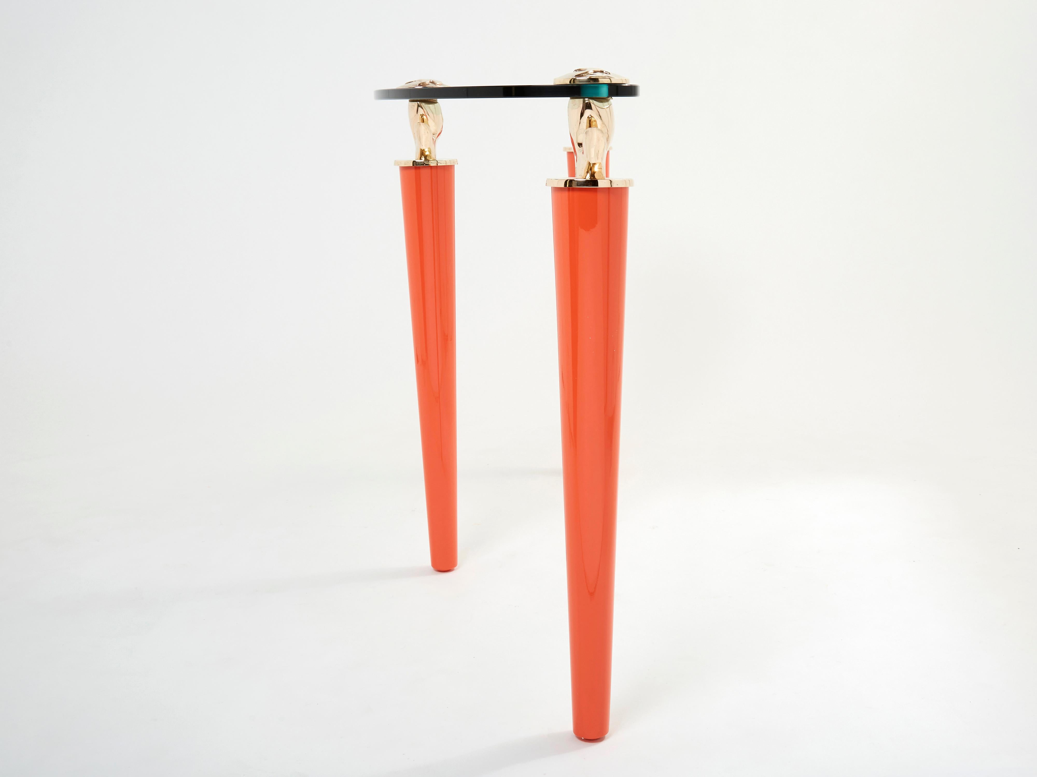 Orange Lacquered and Bronze Glass Console Table by Garouste & Bonetti 1995 For Sale 6