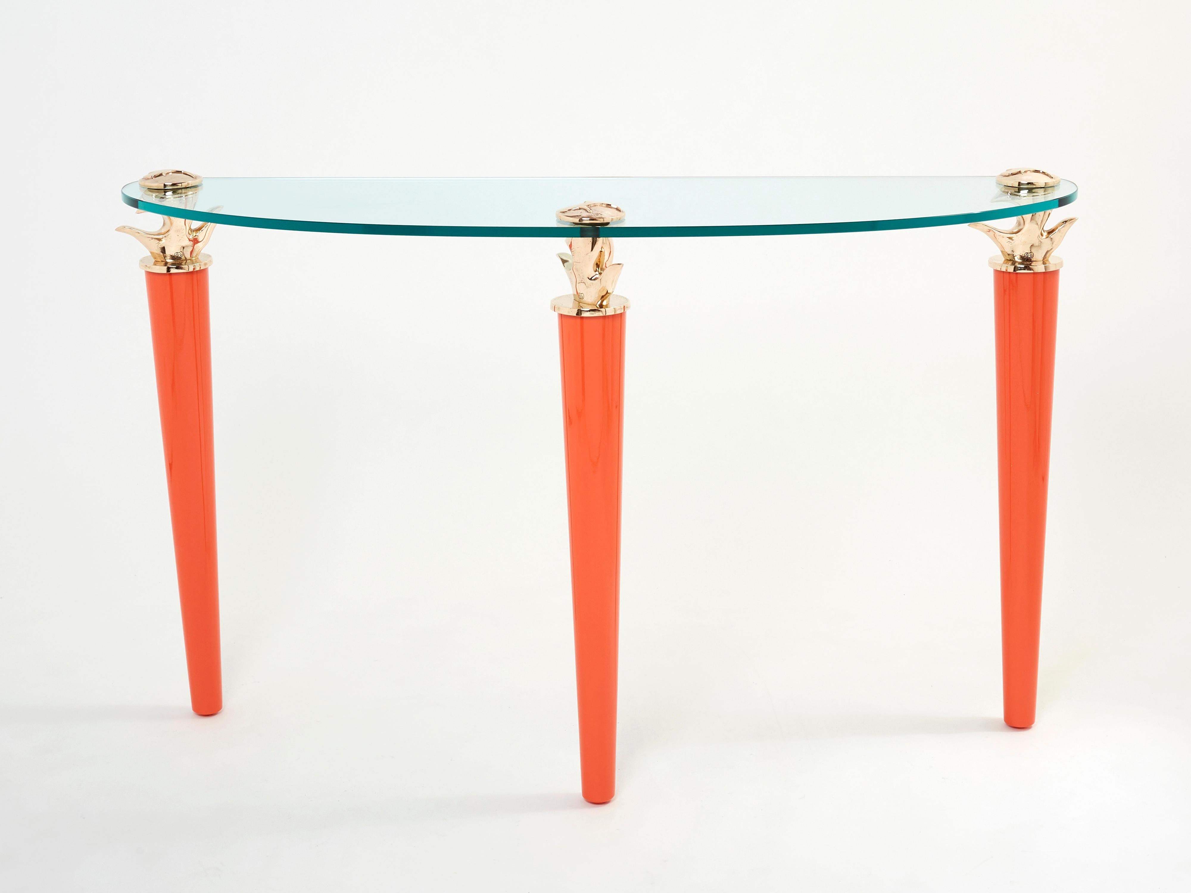 Orange Lacquered and Bronze Glass Console Table by Garouste & Bonetti 1995 For Sale 7
