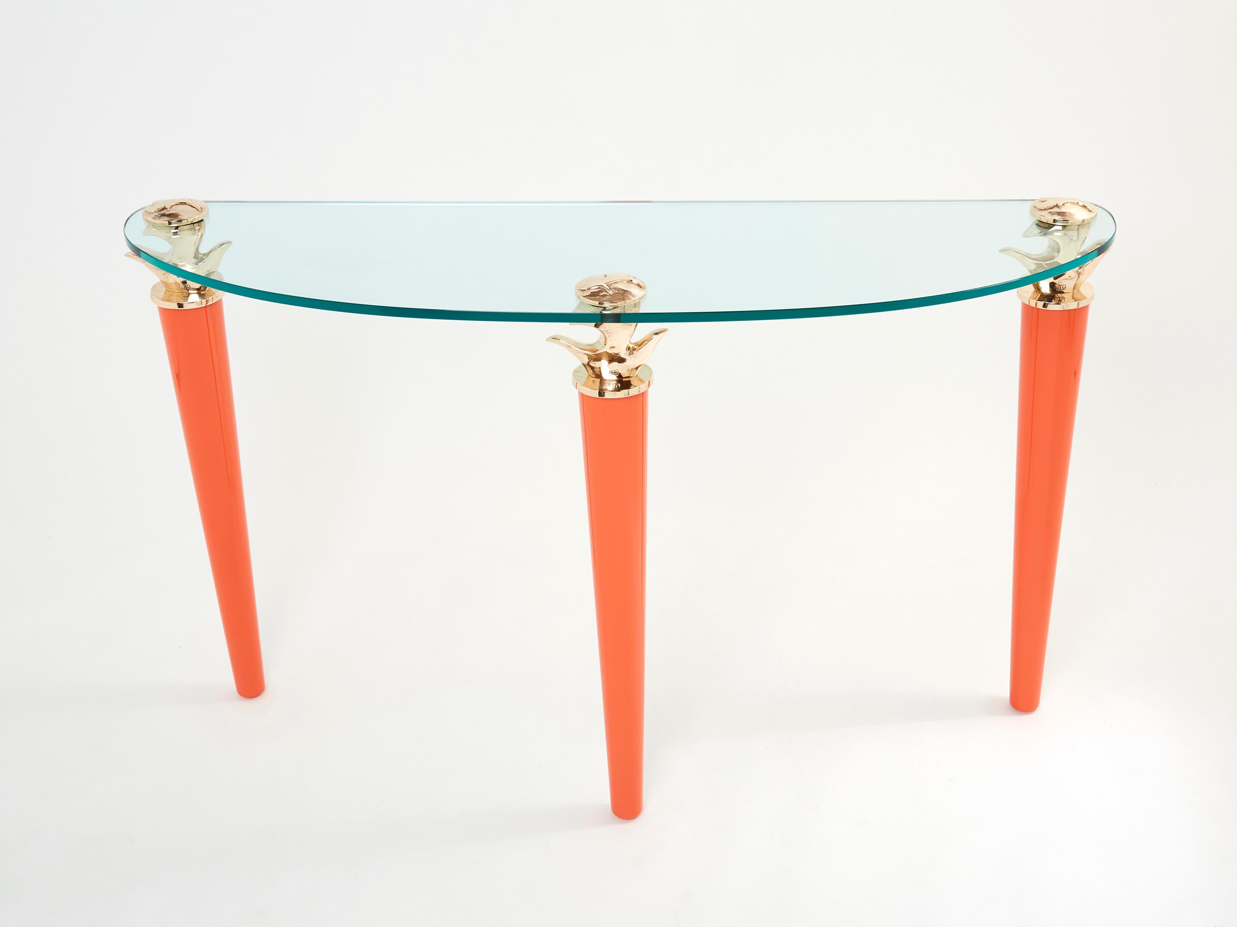 Modern Orange Lacquered and Bronze Glass Console Table by Garouste & Bonetti 1995 For Sale