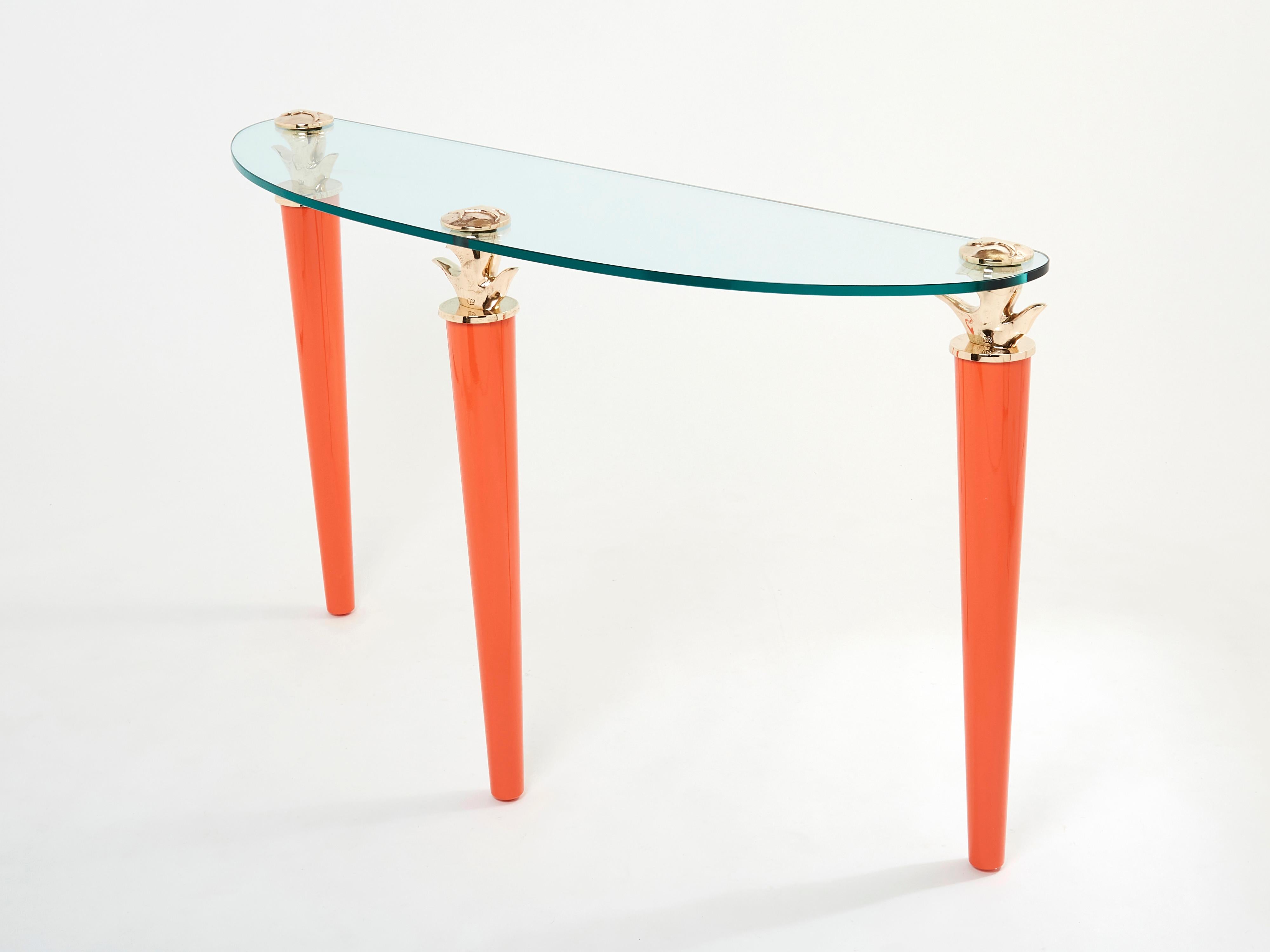 French Orange Lacquered and Bronze Glass Console Table by Garouste & Bonetti 1995 For Sale