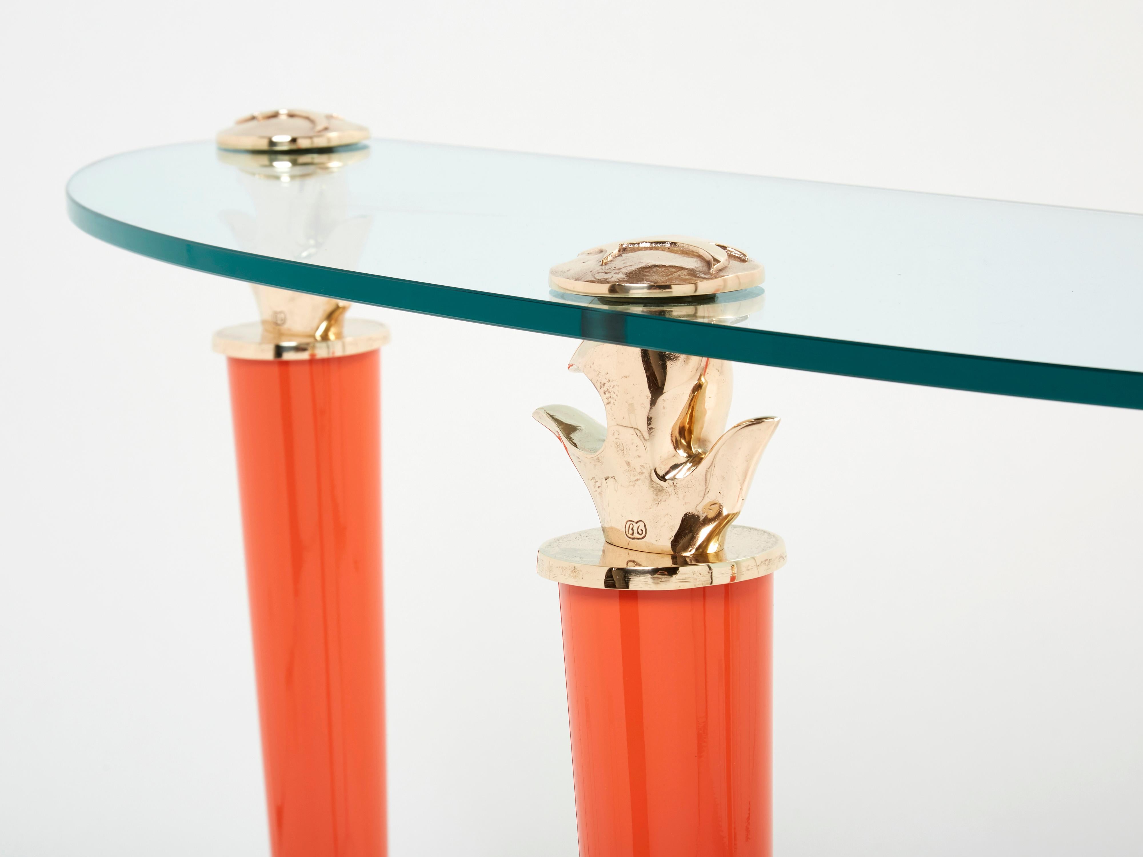 Late 20th Century Orange Lacquered and Bronze Glass Console Table by Garouste & Bonetti 1995 For Sale
