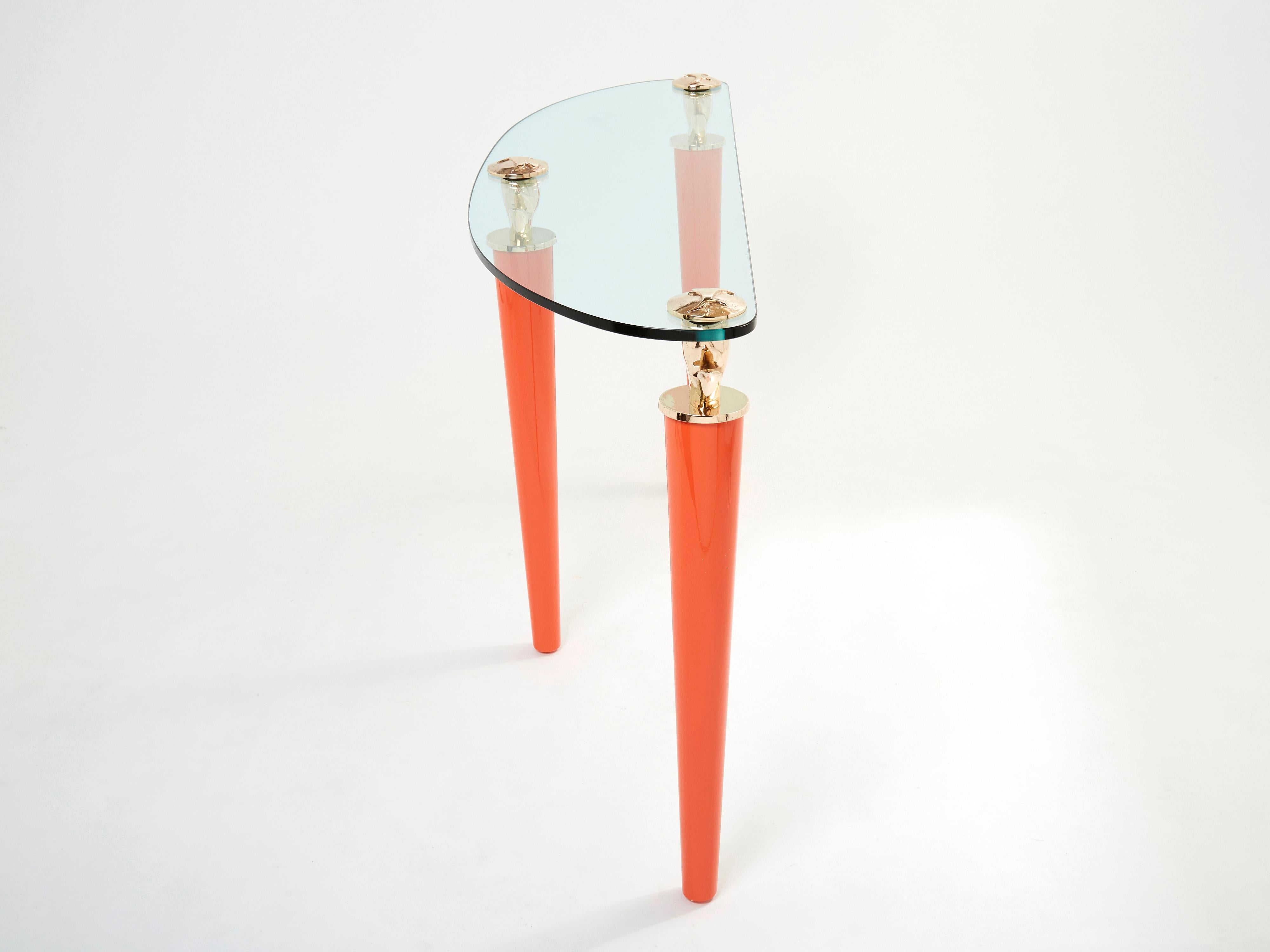Orange Lacquered and Bronze Glass Console Table by Garouste & Bonetti 1995 For Sale 1