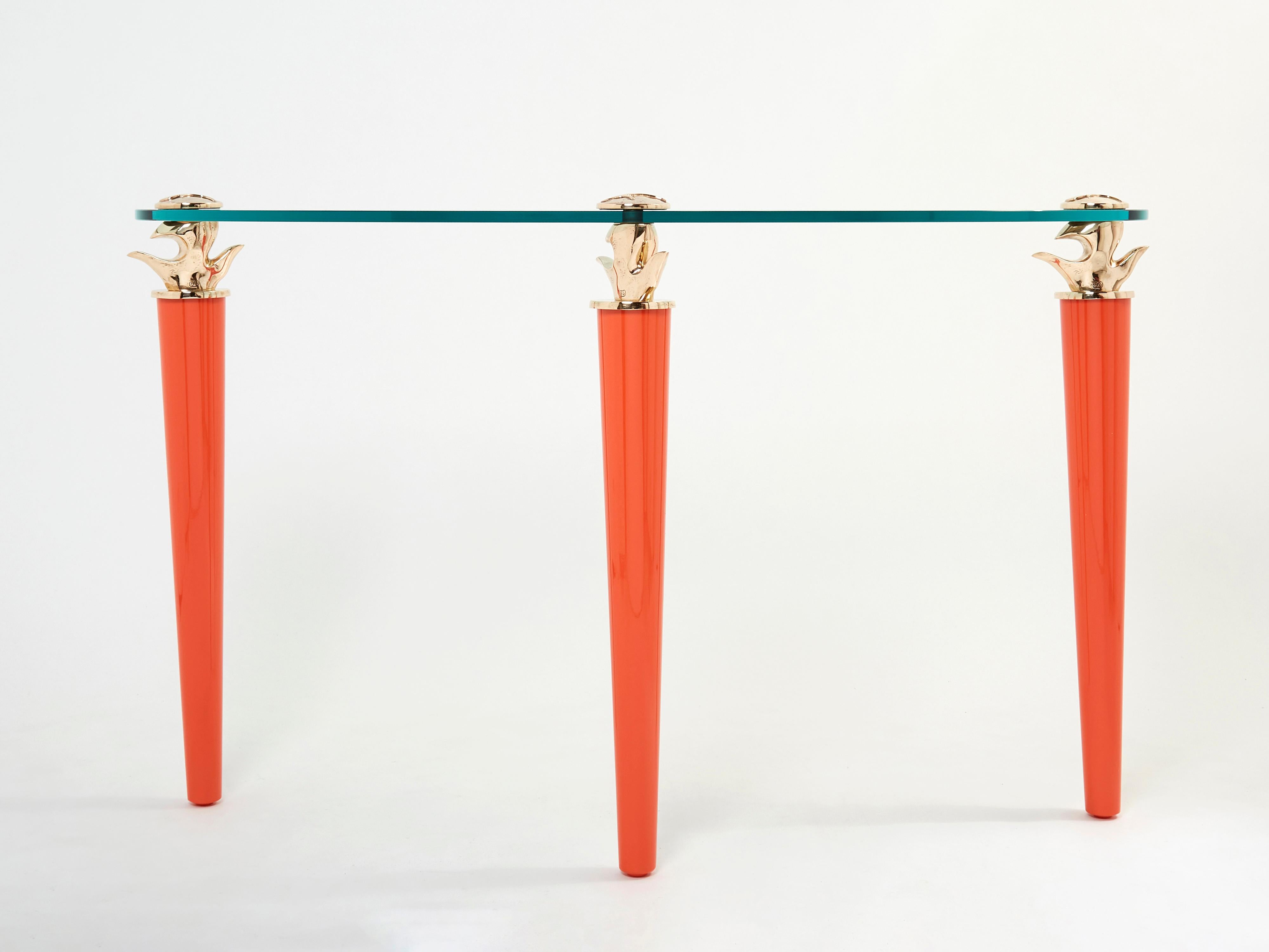 Orange Lacquered and Bronze Glass Console Table by Garouste & Bonetti 1995 For Sale 2