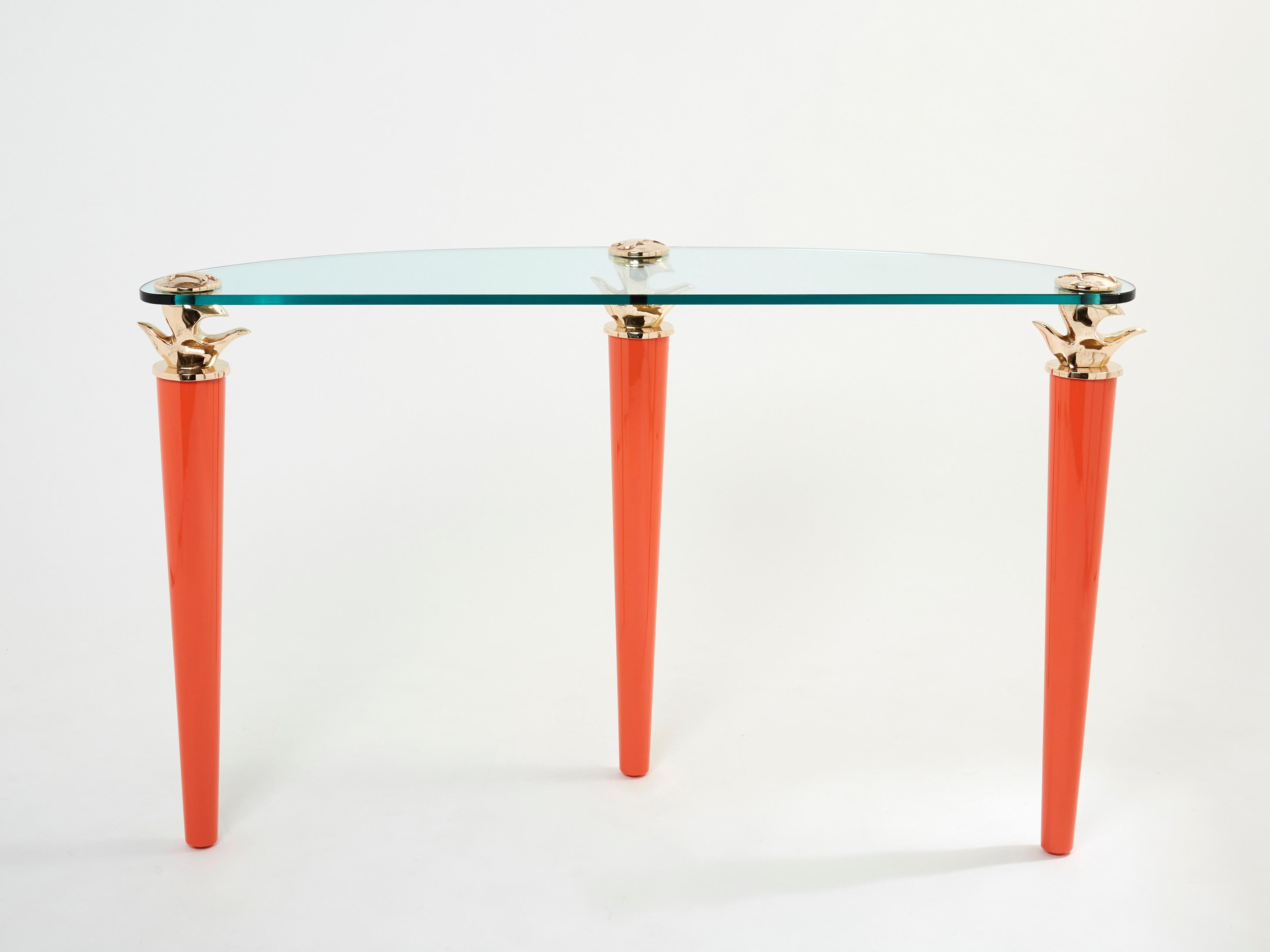 Orange Lacquered and Bronze Glass Console Table by Garouste & Bonetti 1995 For Sale 3
