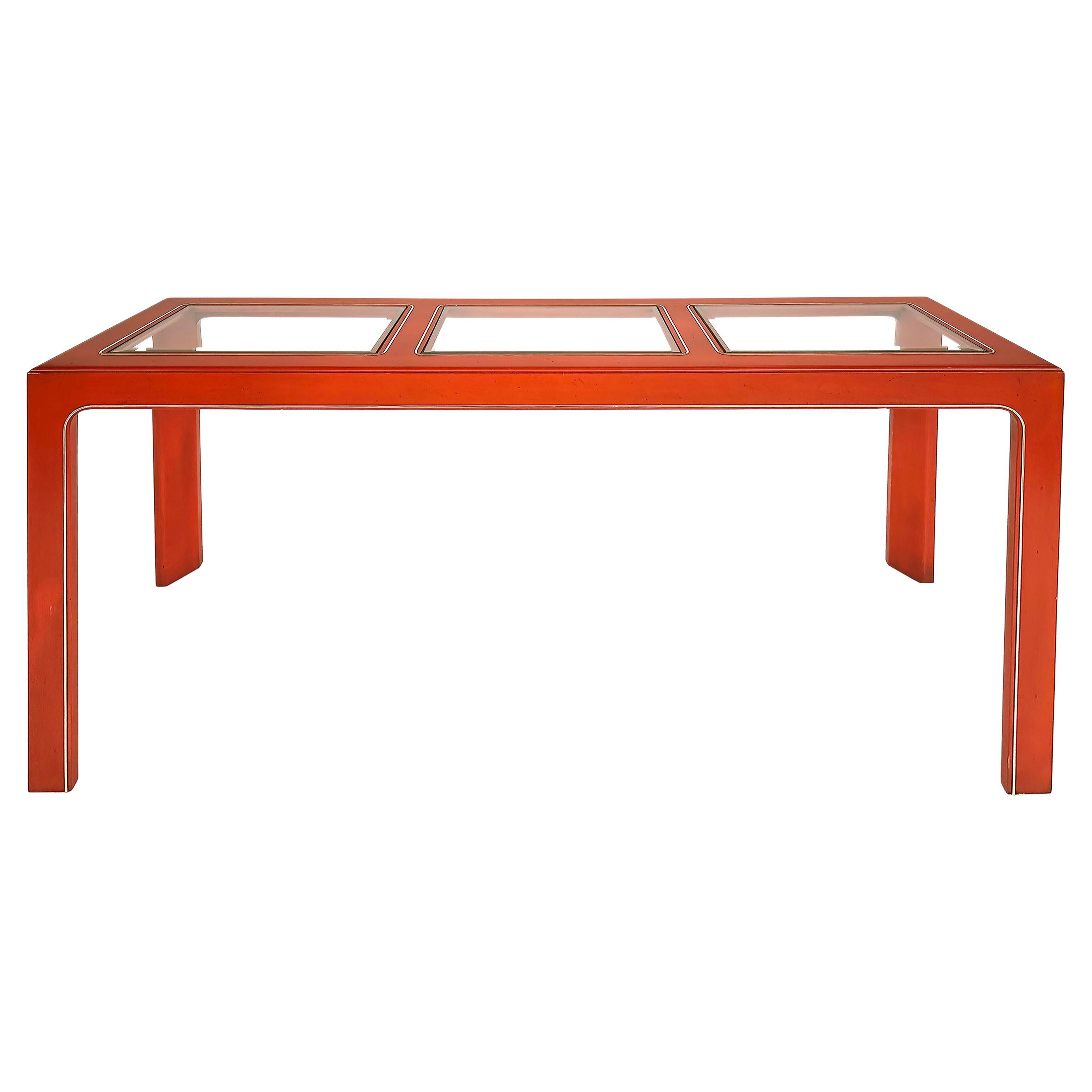 Orange Lacquered Brass Trimmed Console Table with Inset Beveled Glass Tops For Sale