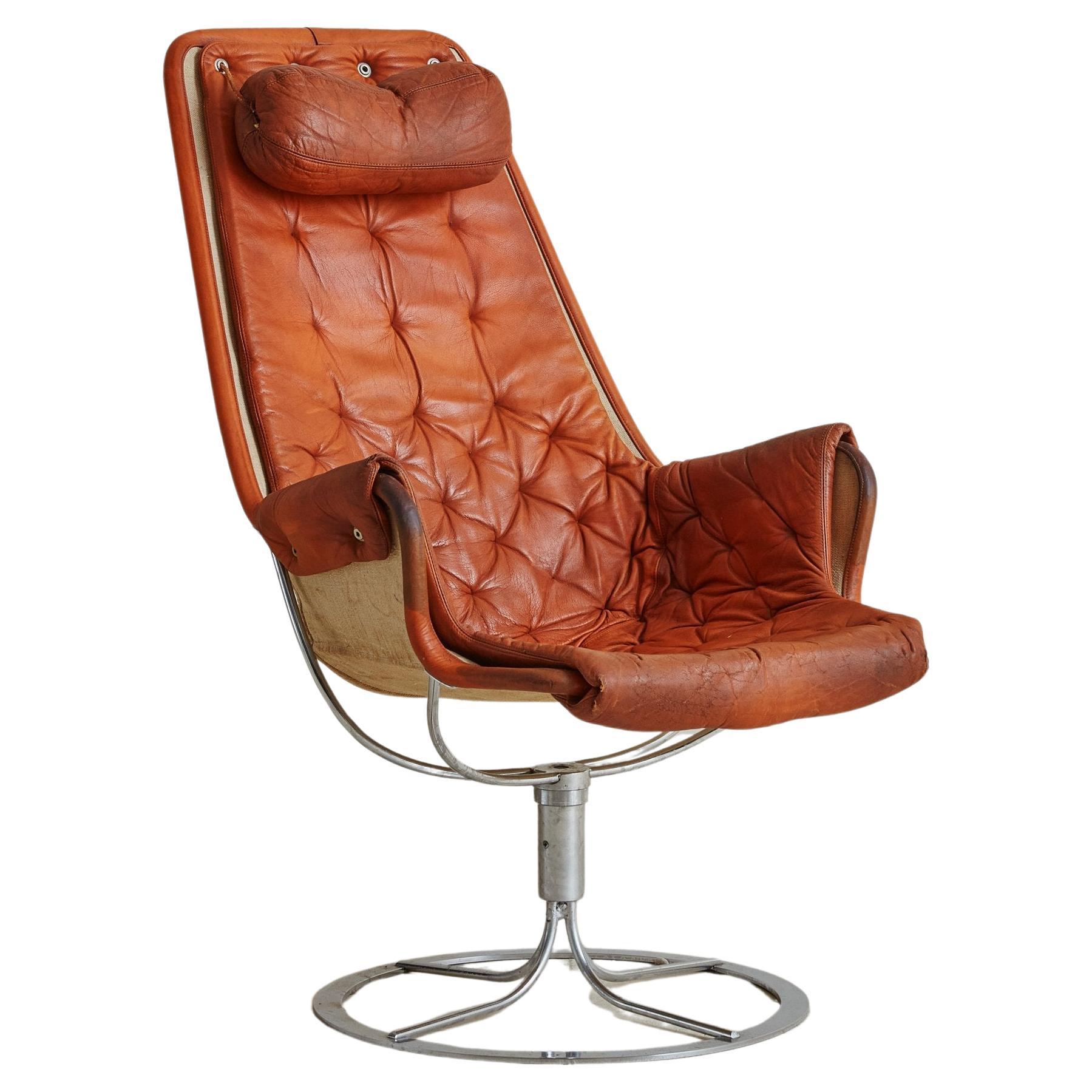 Orange Leather + Chrome 'Jetson' Swivel Lounge Chair by Bruno Mathsson for DUX For Sale
