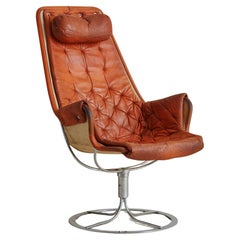 Orange Leather + Chrome 'Jetson' Swivel Lounge Chair by Bruno Mathsson for DUX