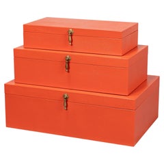 Orange Leather Nesting Boxes with Brass Tassels, Set of 3