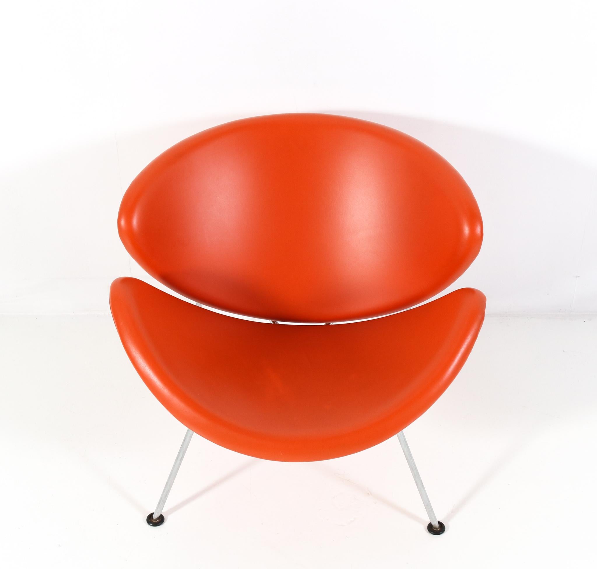 Mid-Century Modern Orange Leather Orange Slice Lounge Chair by Pierre Paulin for Artifort, 1990s