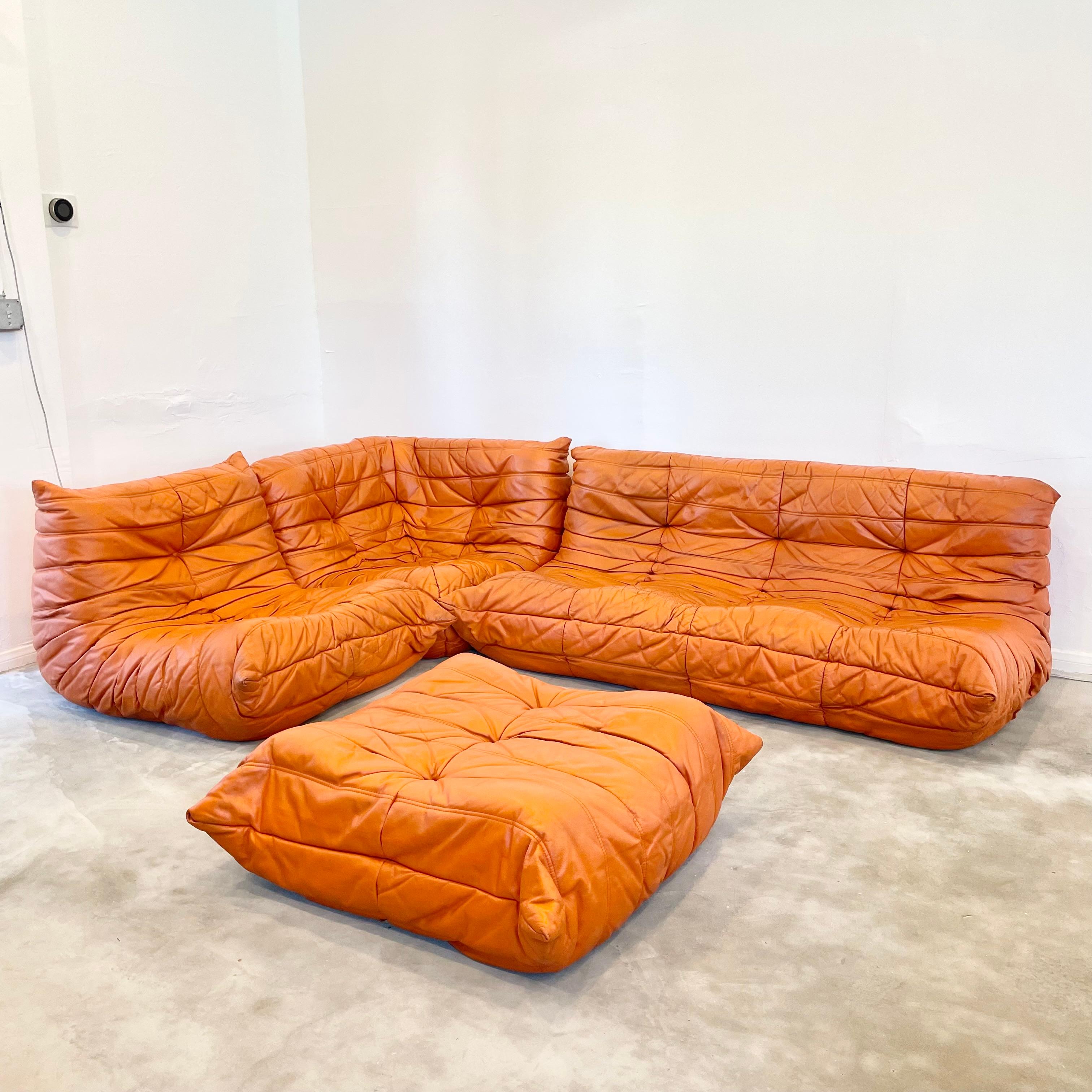 Orange Leather Togo Set by Ligne Roset, 1980s France 9