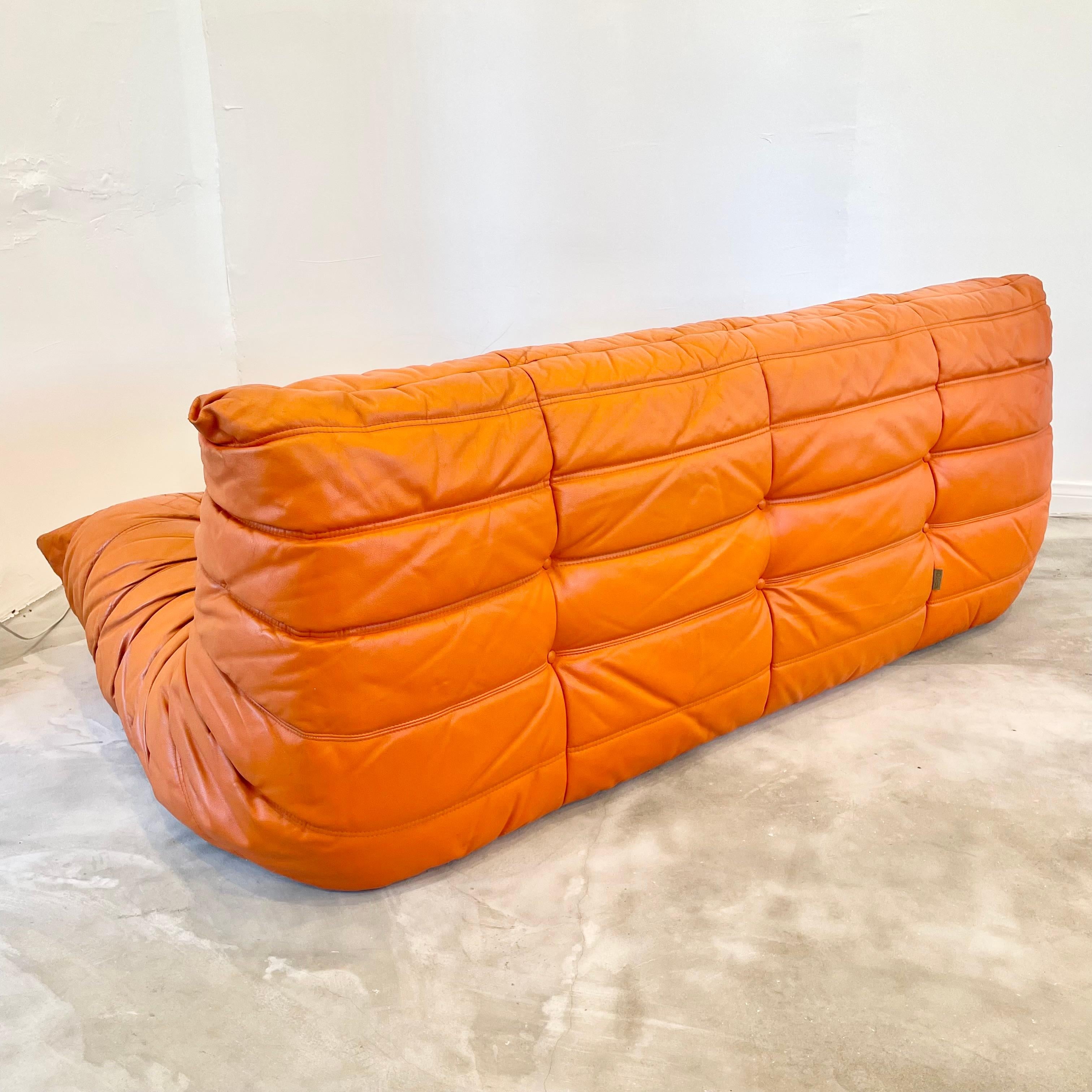 Mid-Century Modern Orange Leather Togo Set by Ligne Roset, 1980s France