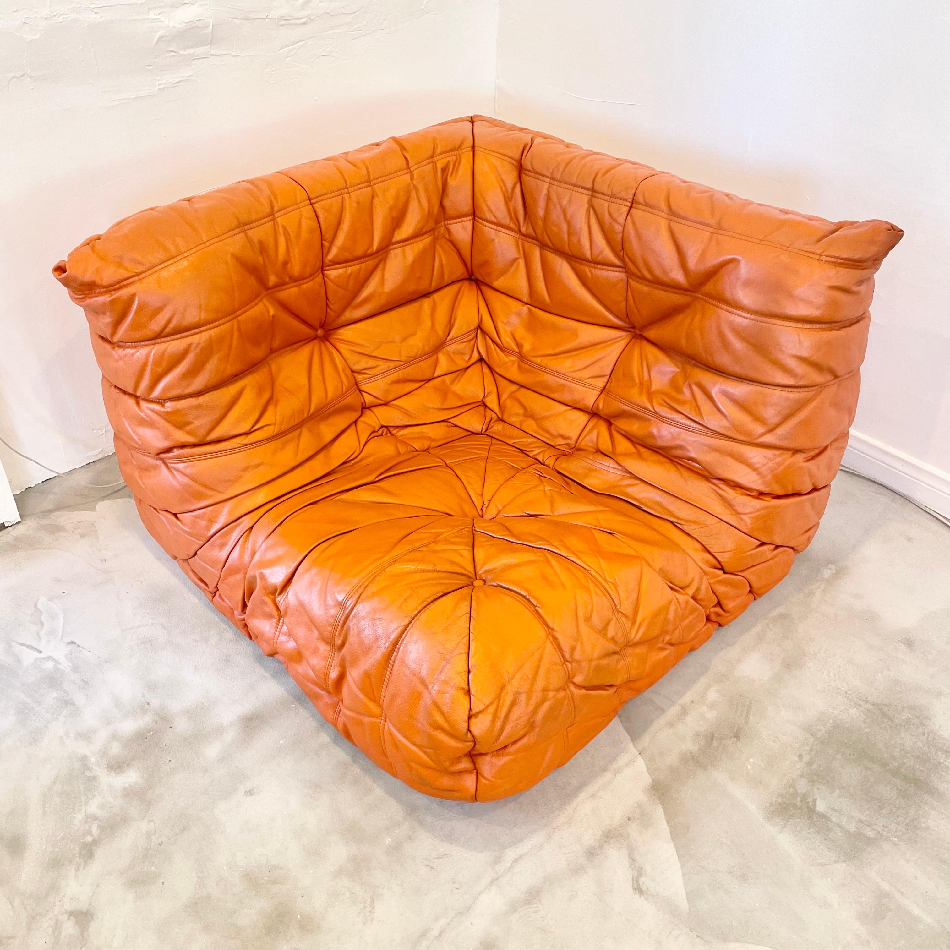 French Orange Leather Togo Set by Ligne Roset, 1980s France
