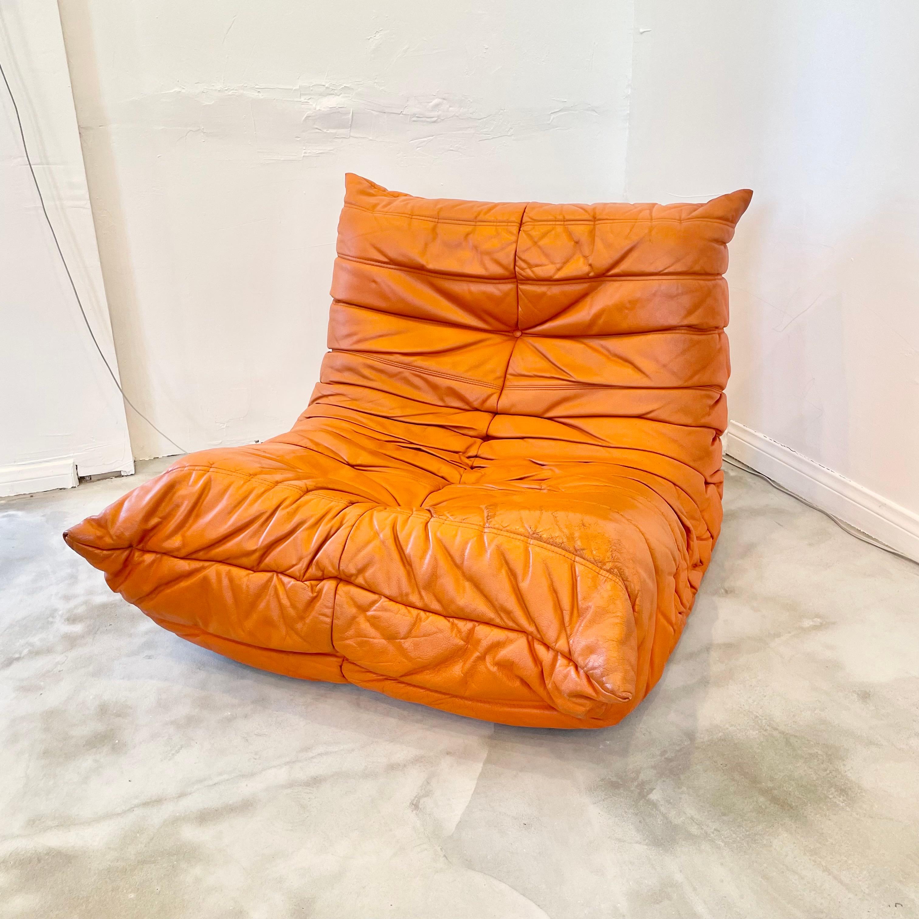 Orange Leather Togo Set by Ligne Roset, 1980s France 1