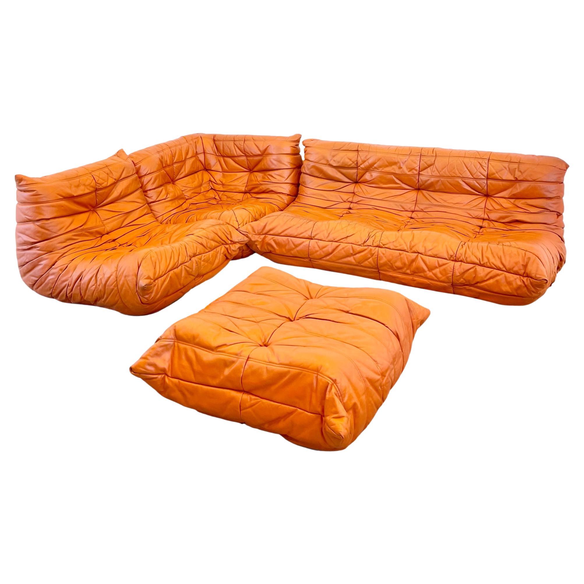 Orange Leather Togo Set by Ligne Roset, 1980s France