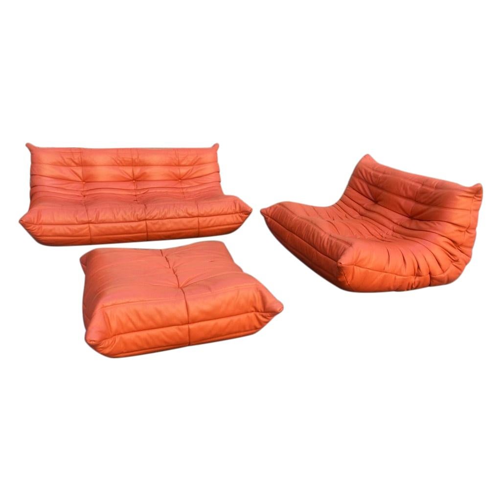 Orange Leather "Togo" Sofa Set by Ligne Roset, France, circa 1972