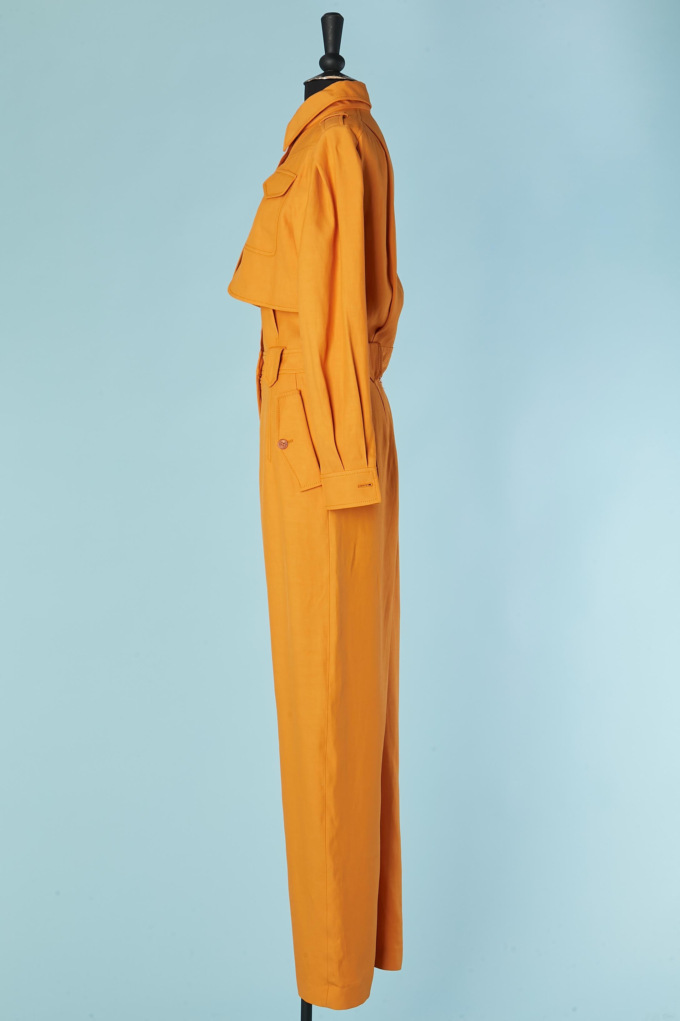 Orange linen and rayon jumpsuit with pockets Alberta Ferretti For Sale 3
