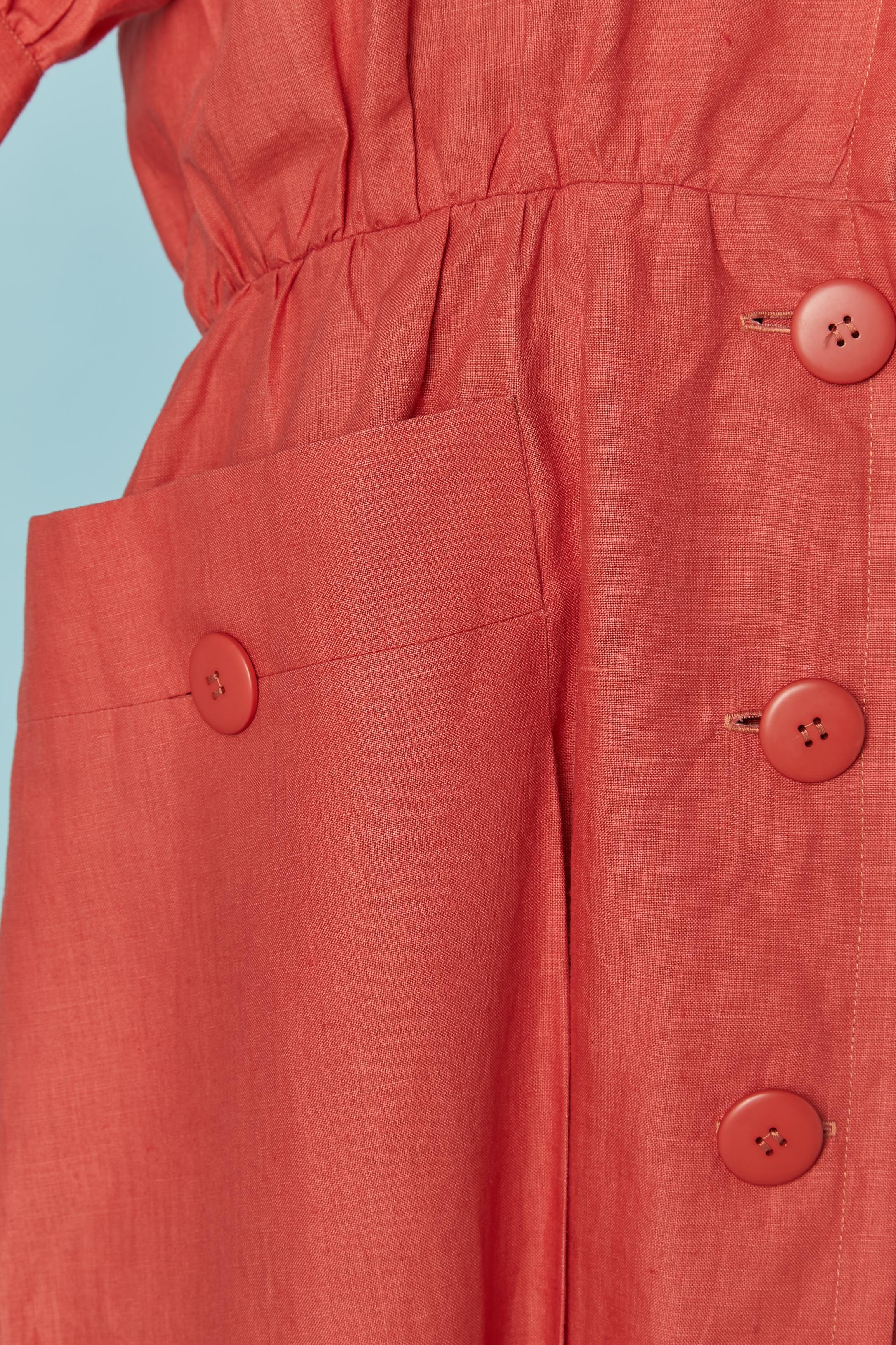 Orange linen day dress Yves Saint Laurent Rive Gauche SS 1989 In Excellent Condition For Sale In Saint-Ouen-Sur-Seine, FR