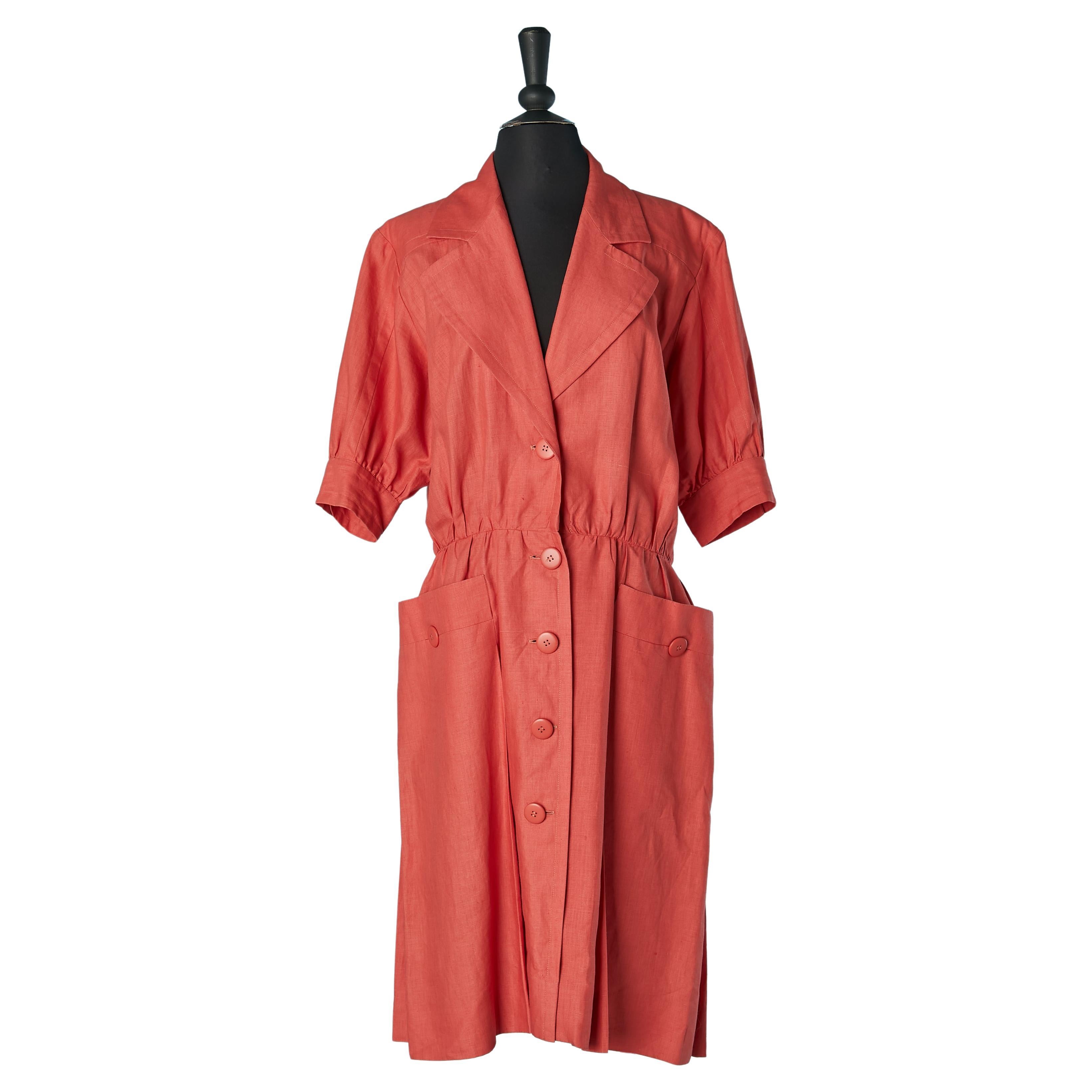 Orange linen day dress Yves Saint Laurent Rive Gauche SS 1989 For Sale