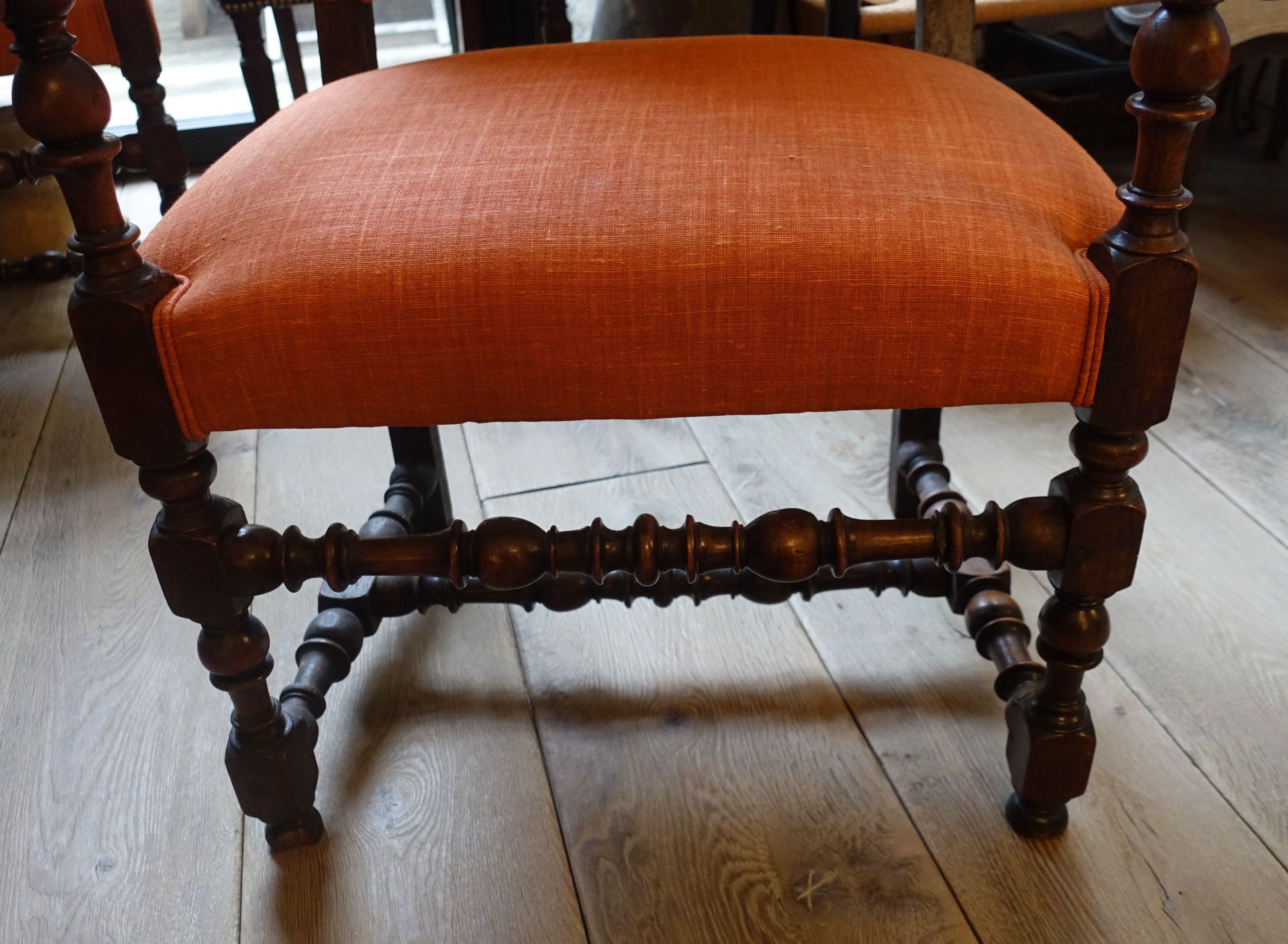 18th Century and Earlier Italian Orange Linen, Walnut Frame Pair of High Back Armchairs, 18th Century For Sale