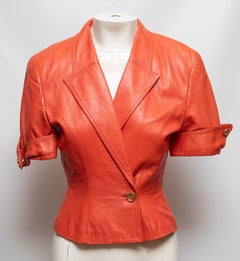 Orange Loewe Leather Short Sleeve Blazer & Skirt Suit Size EU 42