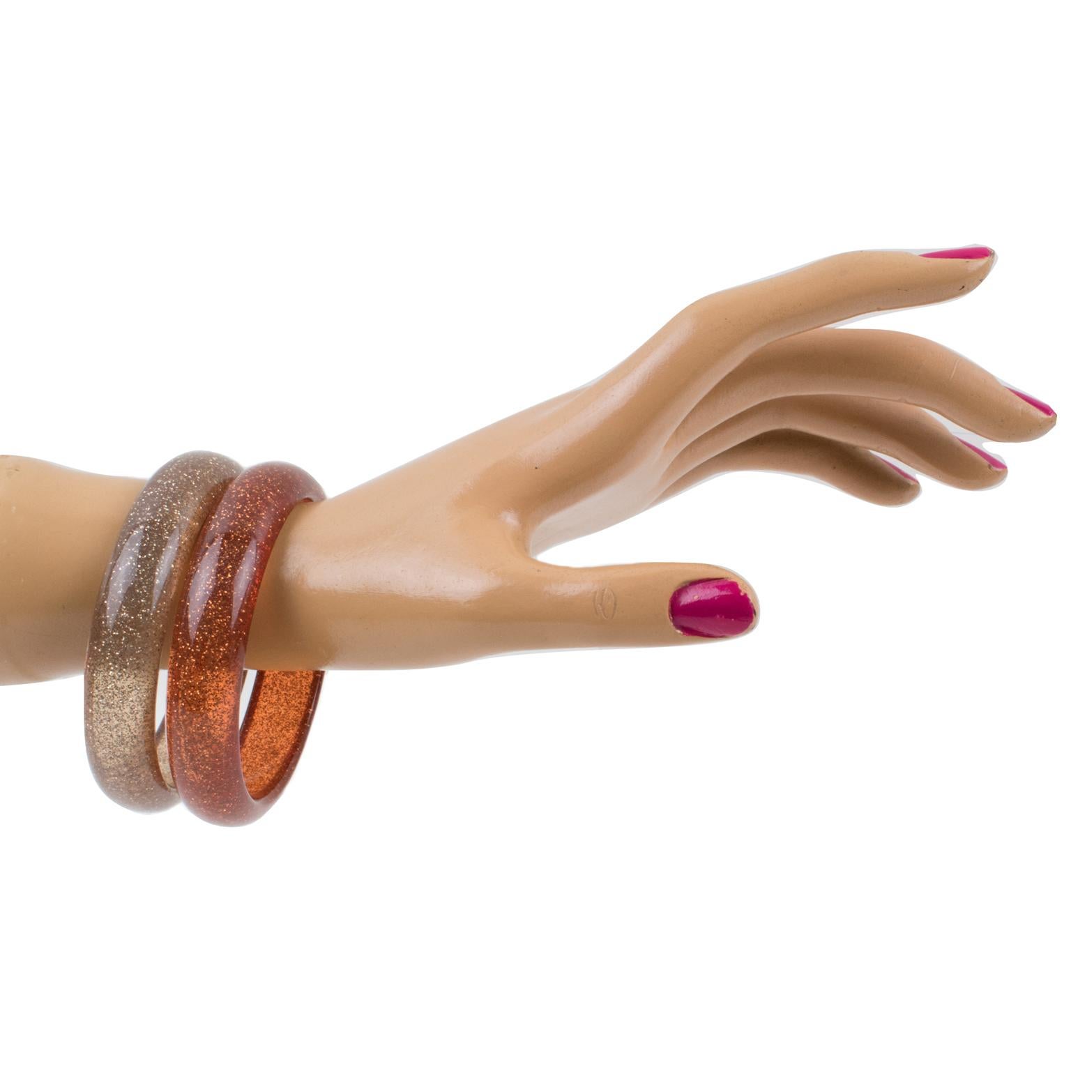 Women's or Men's Orange Lucite Bracelet Bangle with Metallic Confetti Inclusions, a pair For Sale