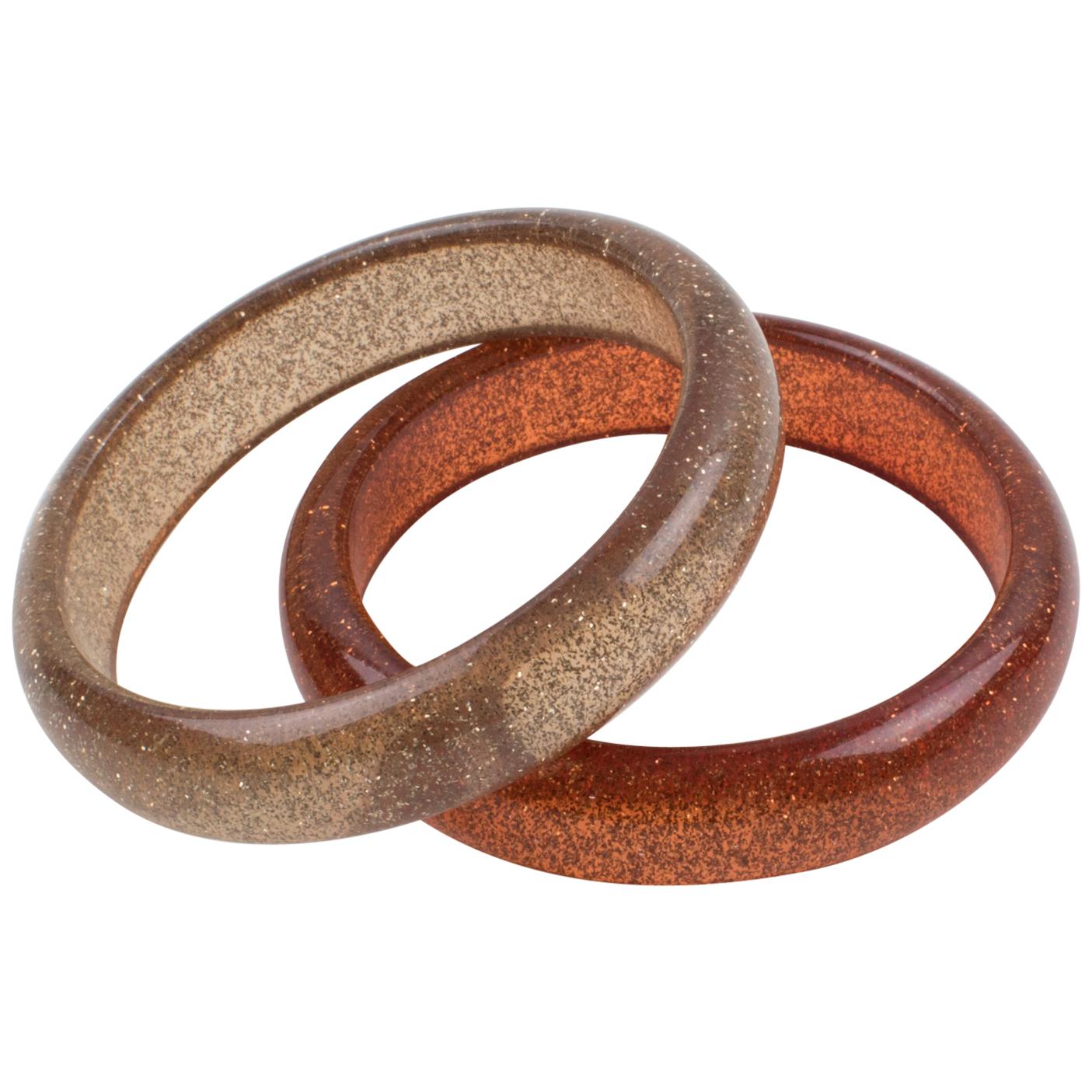 Orange Lucite Bracelet Bangle with Metallic Confetti Inclusions, a pair