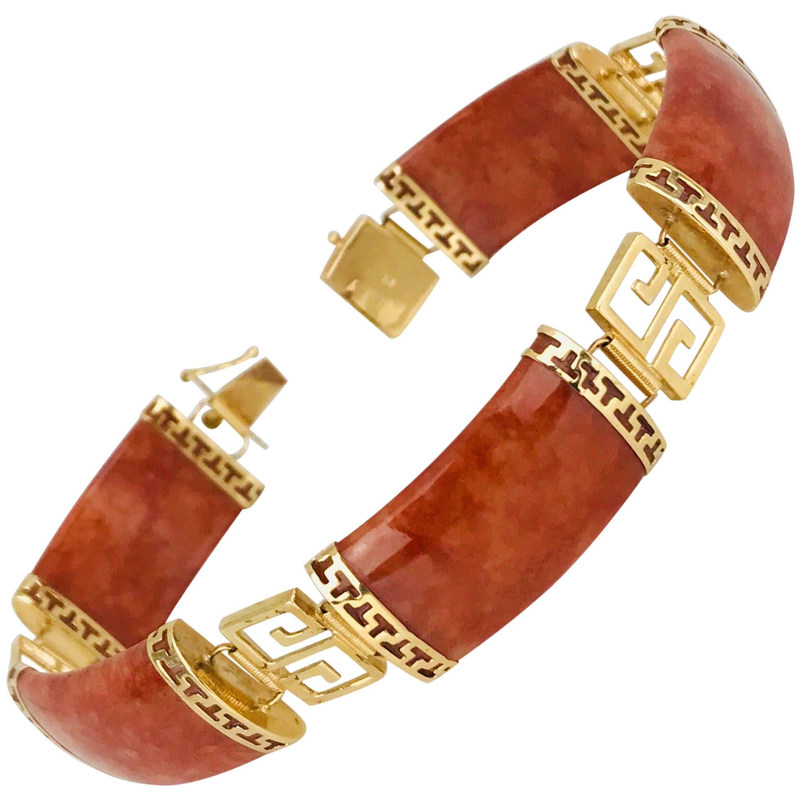 Orange Marmalade, Chinese Jade Bracelet, 14 Karat Yellow Retro For Sale