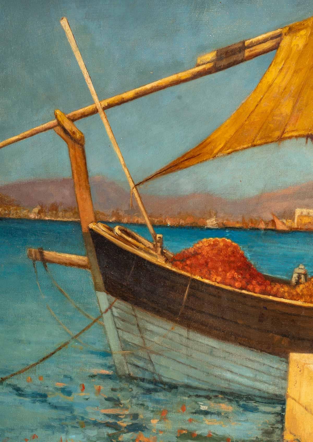 Important oil on canvas, 19th or early 20th century, representing orange merchants on the Mediterranean coast.
Frame - H: 154 cm, W: 193 cm, D: 10 cm
Canvas - H: 114 cm, W: 155 cm
ref 3099.