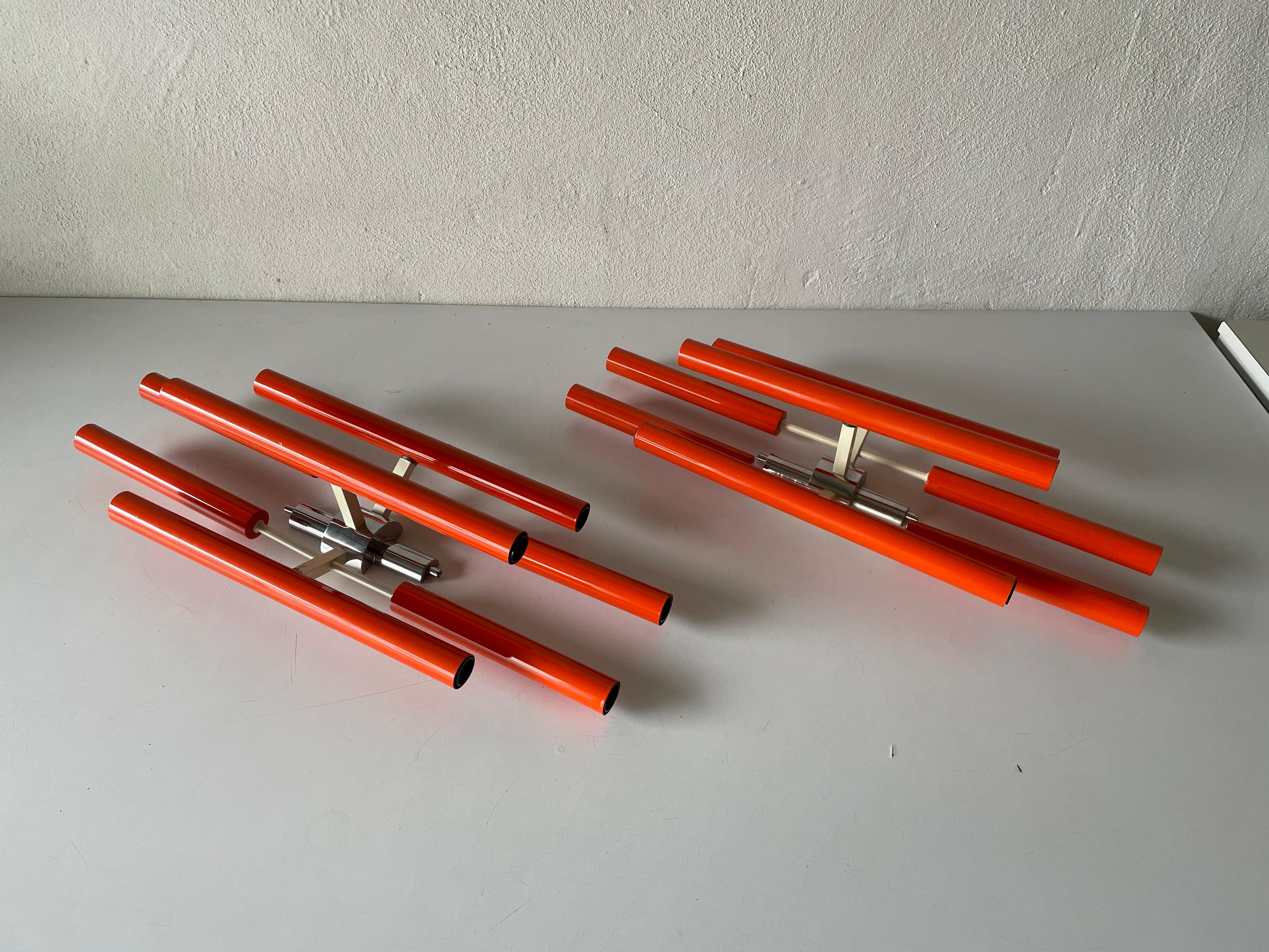 Orange Metal 10 Socket Tubes Exclusive Large Pair of Sconces, 1970s, Italy For Sale 4