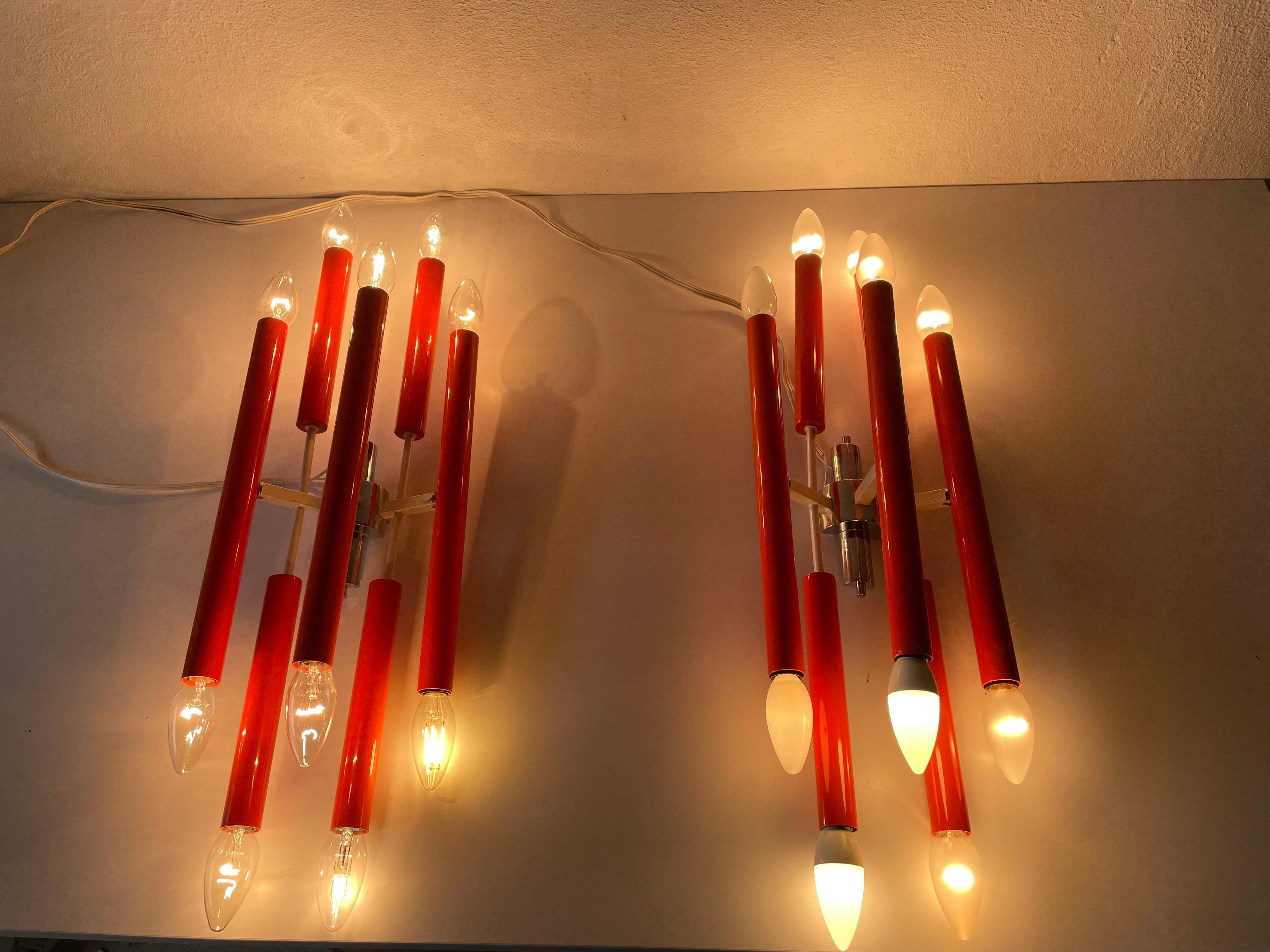 Orange Metal 10 Socket Tubes Exclusive Large Pair of Sconces, 1970s, Italy For Sale 10