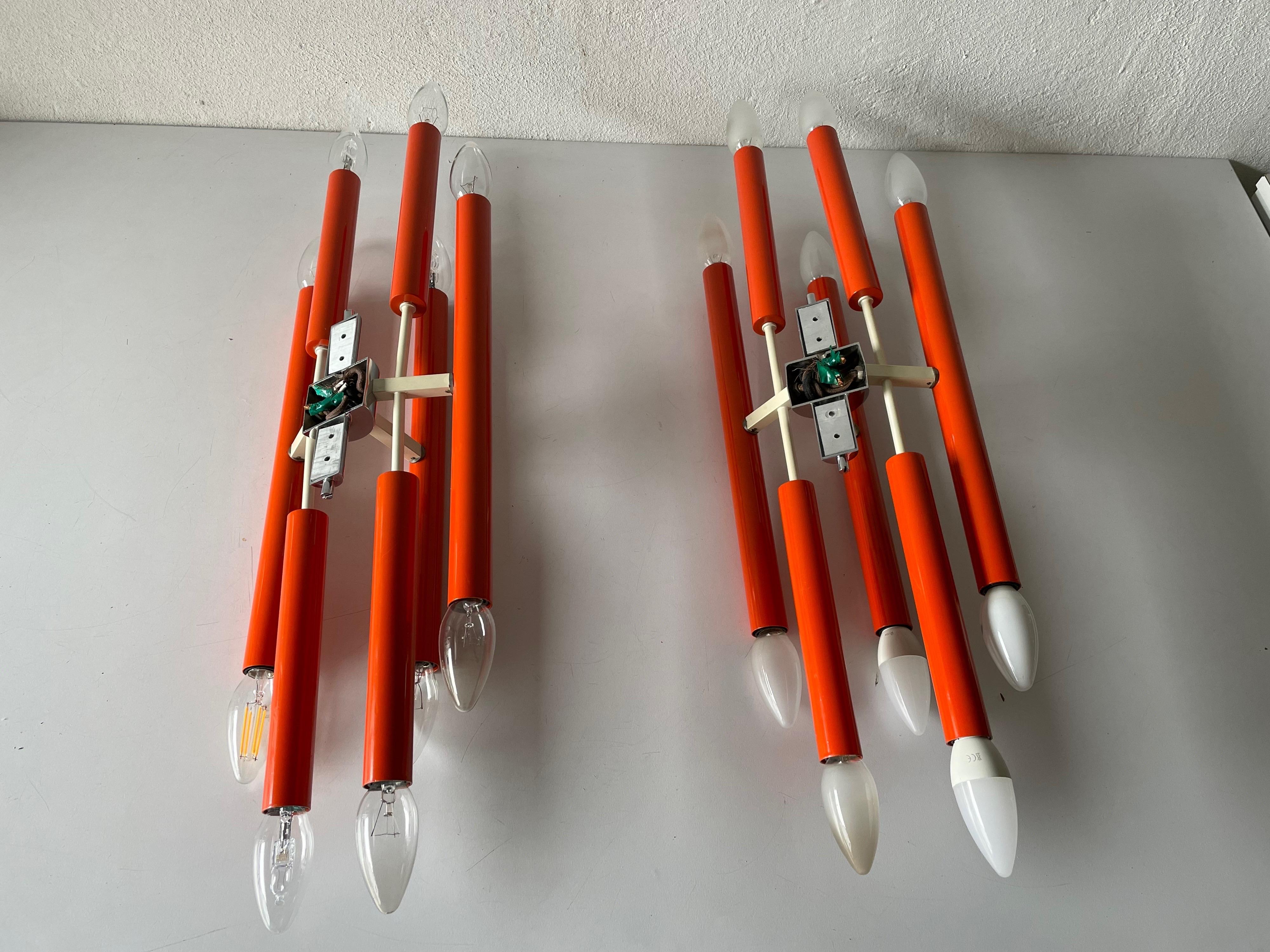 Orange Metal 10 Socket Tubes Exclusive Large Pair of Sconces, 1970s, Italy For Sale 12