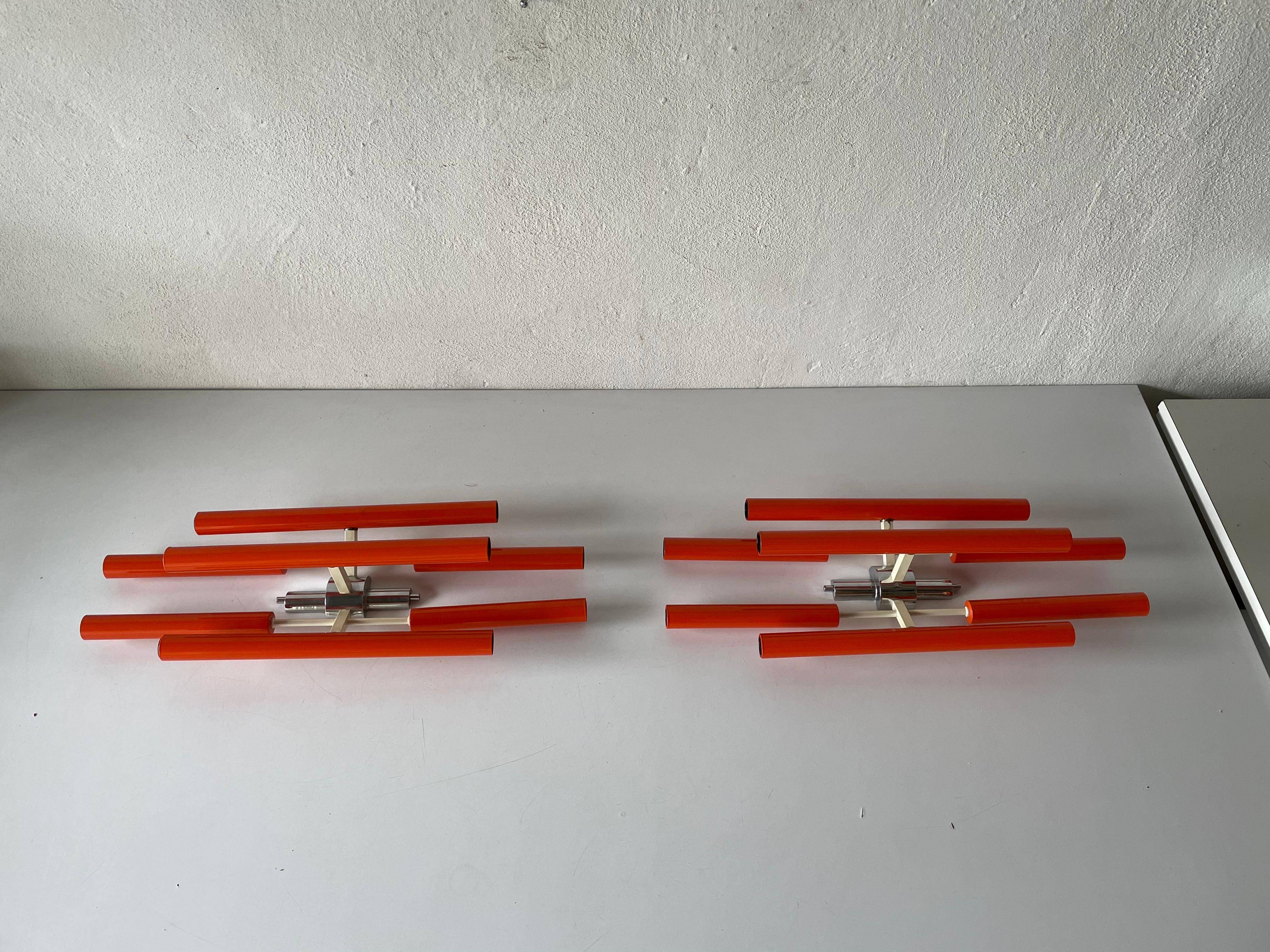 Orange Metal 10 Socket Tubes Exclusive Large Pair of Sconces, 1970s, Italy For Sale 14