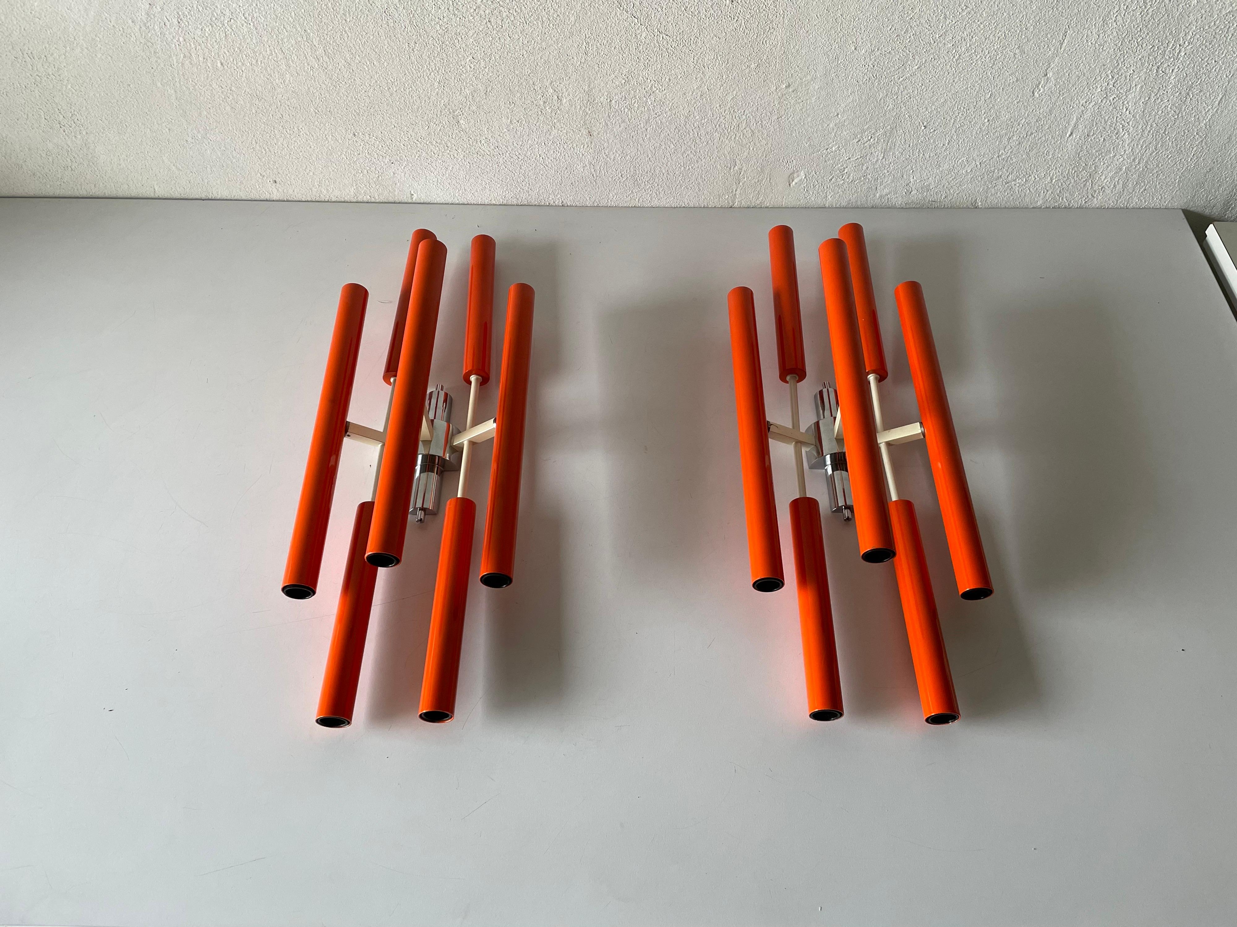Space Age Orange Metal 10 Socket Tubes Exclusive Large Pair of Sconces, 1970s, Italy For Sale
